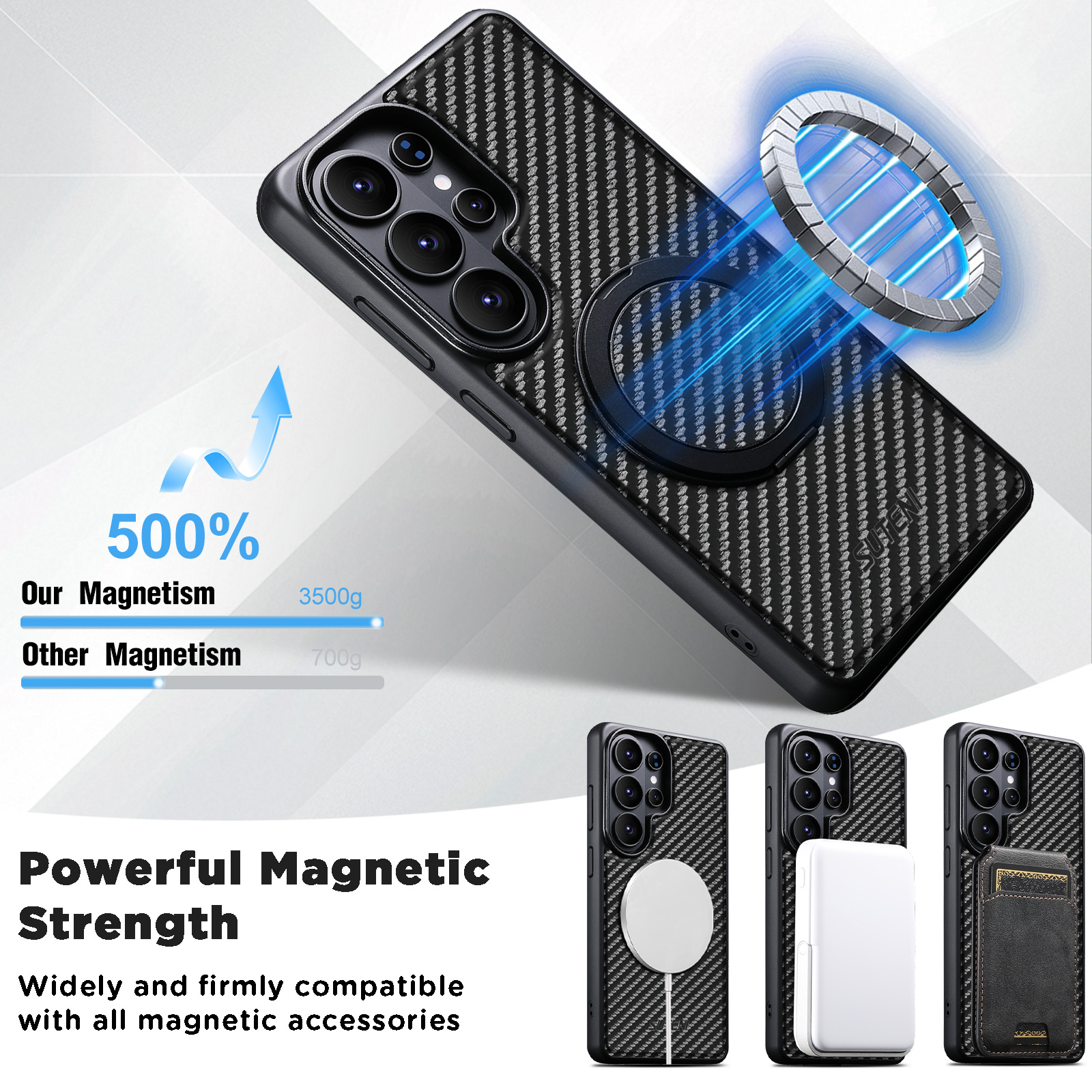 Suteni G3TXW Mobile Phone Case Magnet Wireless Charging 360° Rotating Stand Faux Leather Ring Buckle For Samsung Galaxy S26 Ultra S25 S24 S23 S22