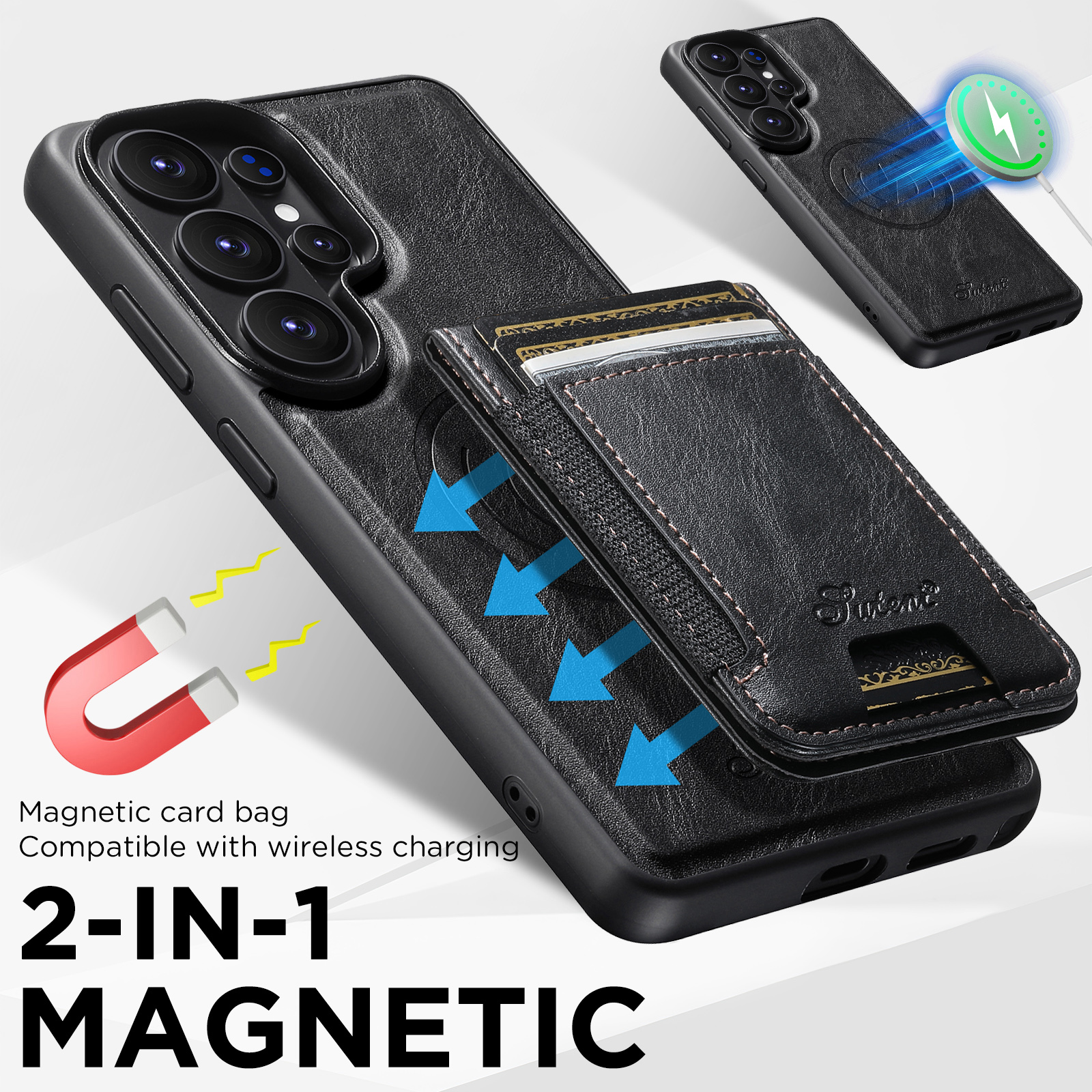 SUTENI H17YL Faux Leather Phone Case Magnet Wireless Charging Card Holder Stand For Samsung Galaxy S26 Ultra S25 Plus S24 S23 S22 Note20