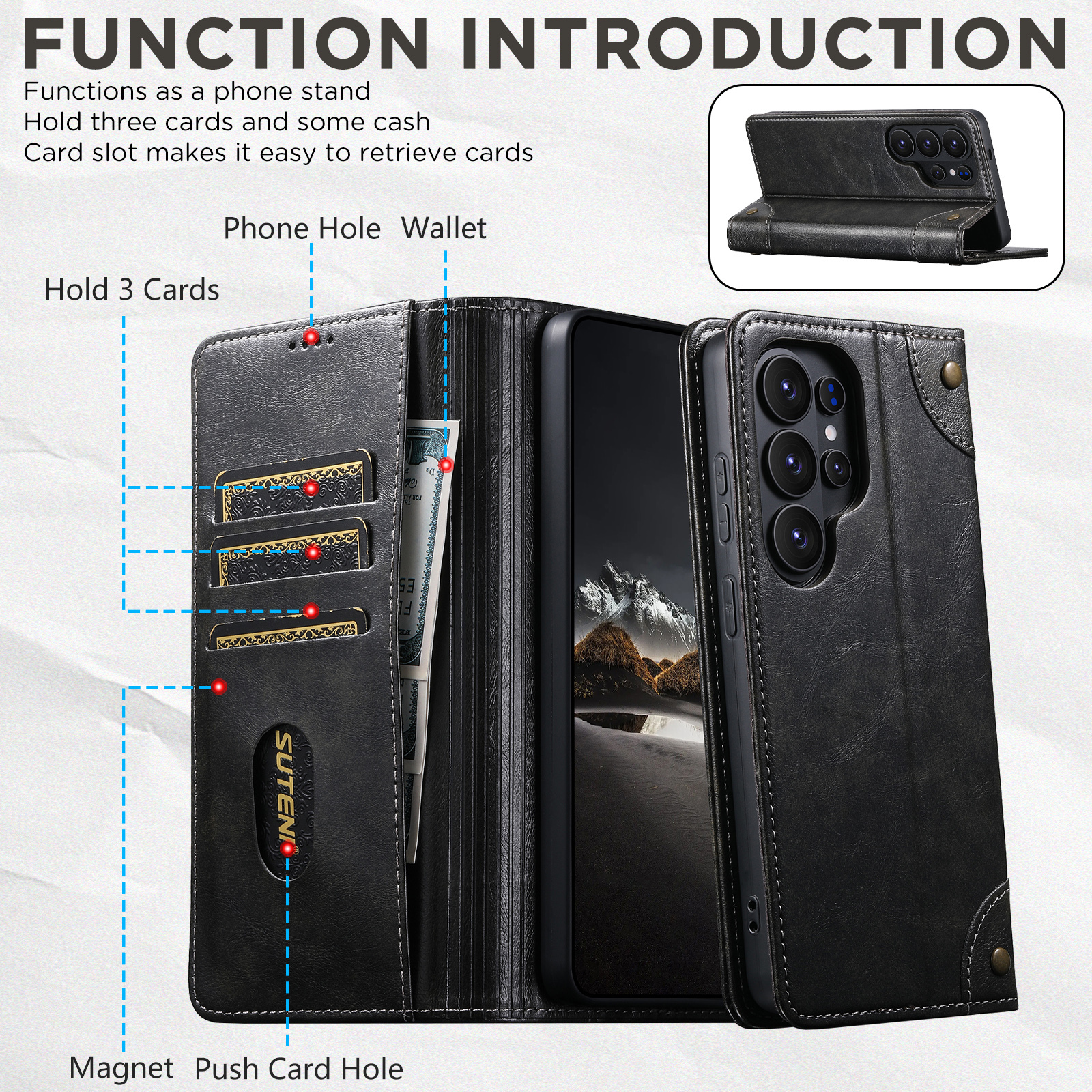 SUTENI BLK Phone Case Faux Leather Card Holder Stand Wallet Magnet Flip Cover For Samsung Galaxy S26 Ultra S25 Plus S24 S23 S22 Note20