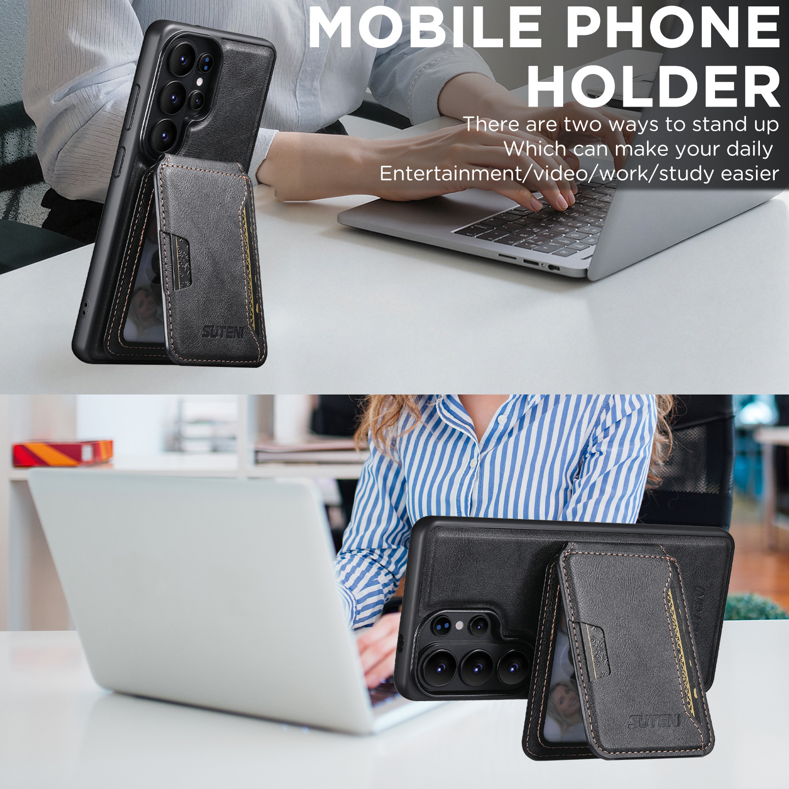 SUTENI M3 Wireless Charging Magnet Faux Leather Phone Case Card Holder Stand Smooth Surface Wallet 2-in-1 For Samsung Galaxy S26 Ultra S25 S24 S23 S22