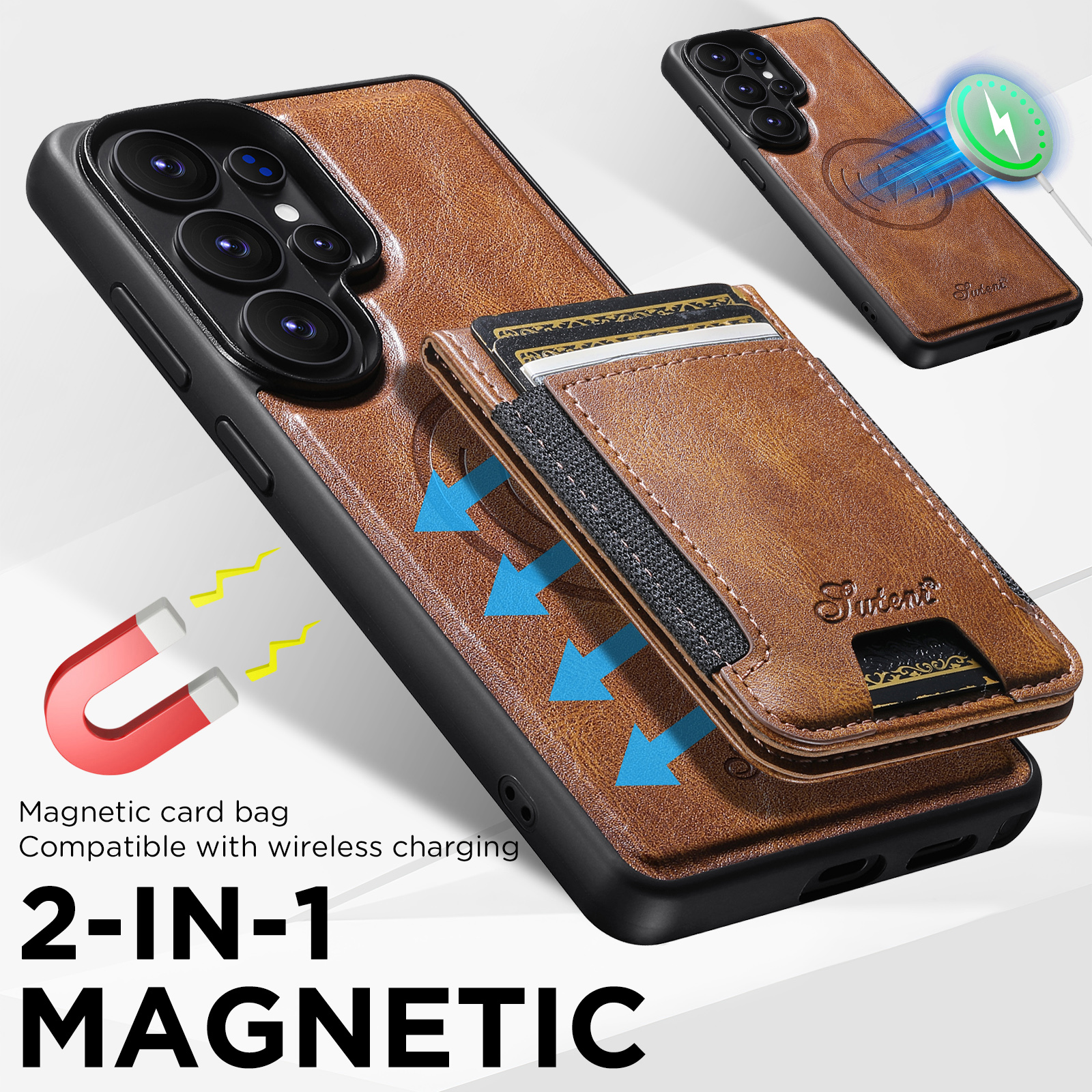 SUTENI H17YL Faux Leather Phone Case Magnet Wireless Charging Card Holder Stand For Samsung Galaxy S26 Ultra S25 Plus S24 S23 S22 Note20