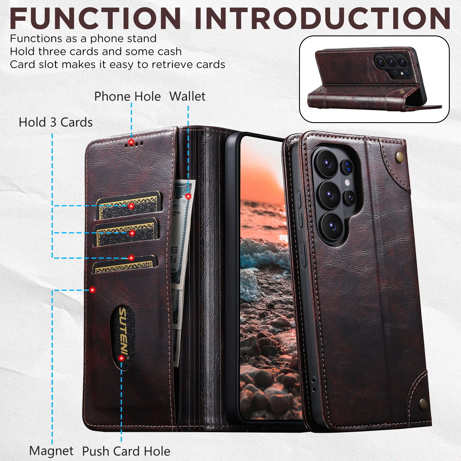 SUTENI BLK Phone Case Faux Leather Card Holder Stand Wallet Magnet Flip Cover For Samsung Galaxy S26 Ultra S25 Plus S24 S23 S22 Note20