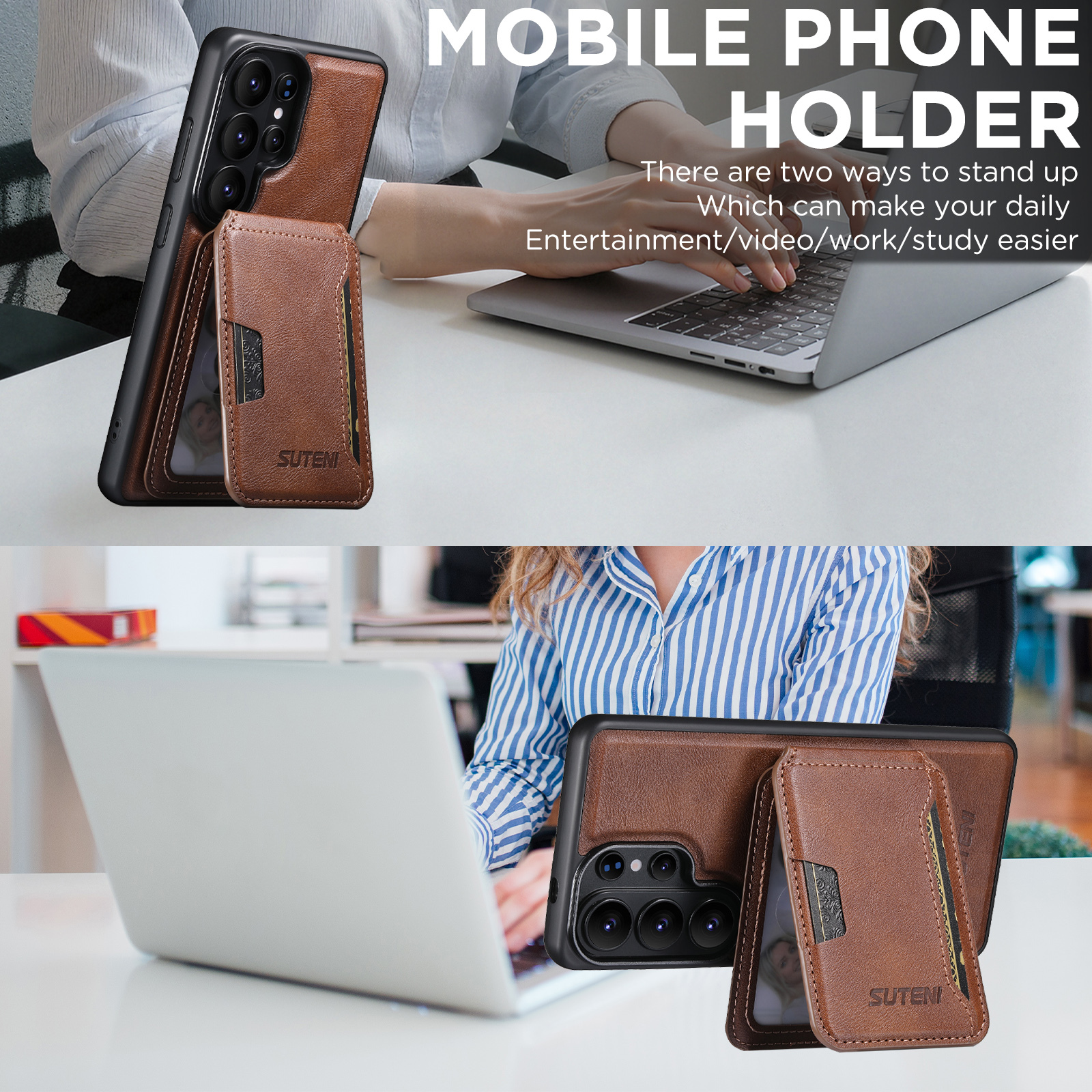 SUTENI M3 Wireless Charging Magnet Faux Leather Phone Case Card Holder Stand Smooth Surface Wallet 2-in-1 For Samsung Galaxy S26 Ultra S25 S24 S23 S22