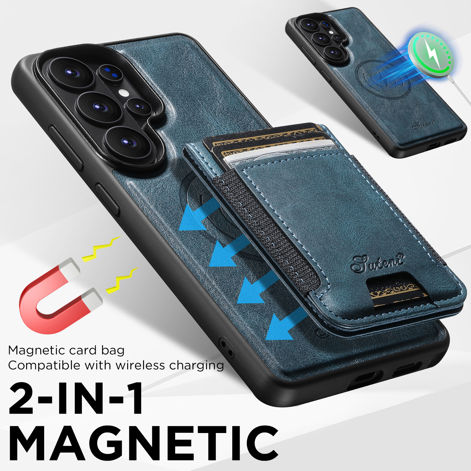 SUTENI H17YL Faux Leather Phone Case Magnet Wireless Charging Card Holder Stand For Samsung Galaxy S26 Ultra S25 Plus S24 S23 S22 Note20