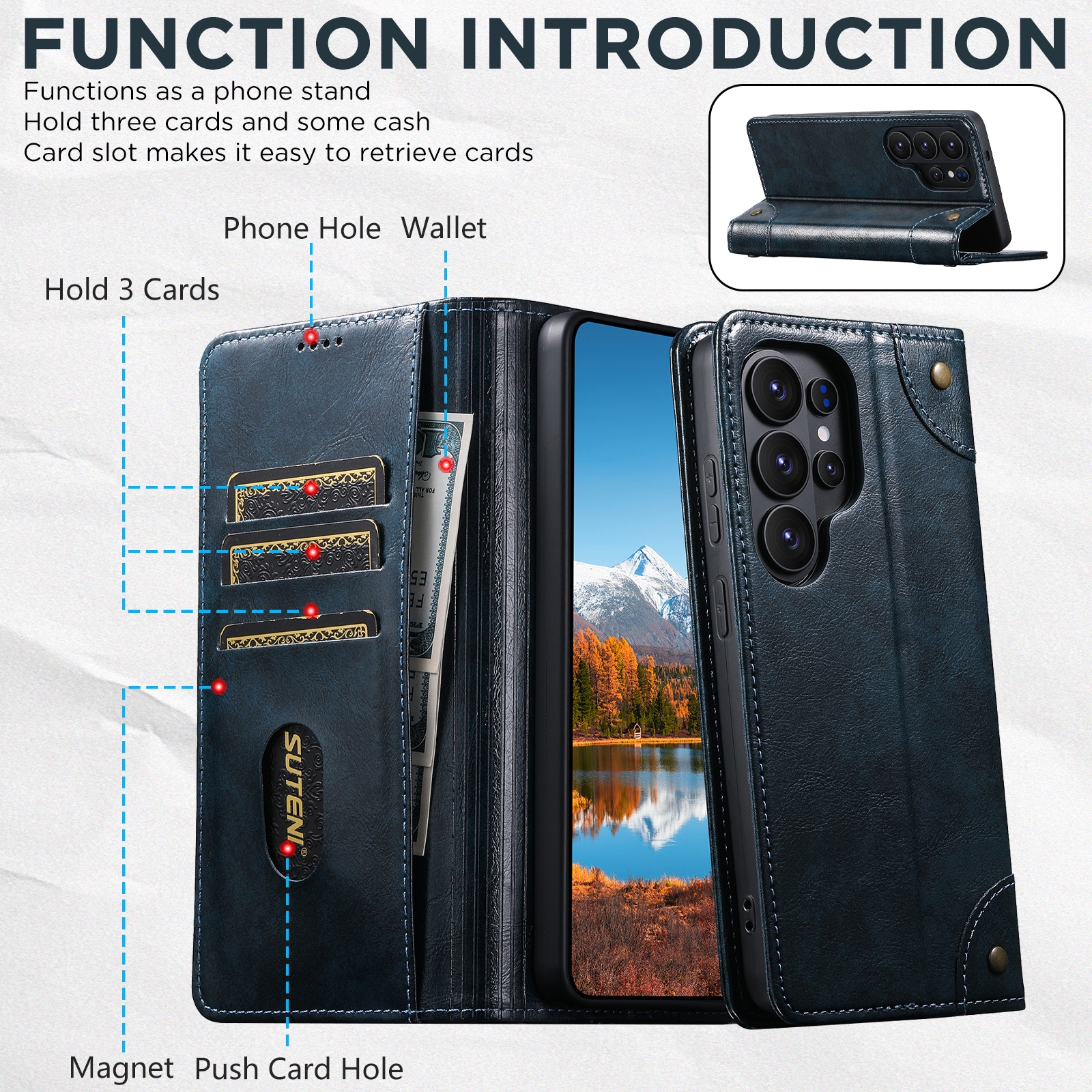 SUTENI BLK Phone Case Faux Leather Card Holder Stand Wallet Magnet Flip Cover For Samsung Galaxy S26 Ultra S25 Plus S24 S23 S22 Note20