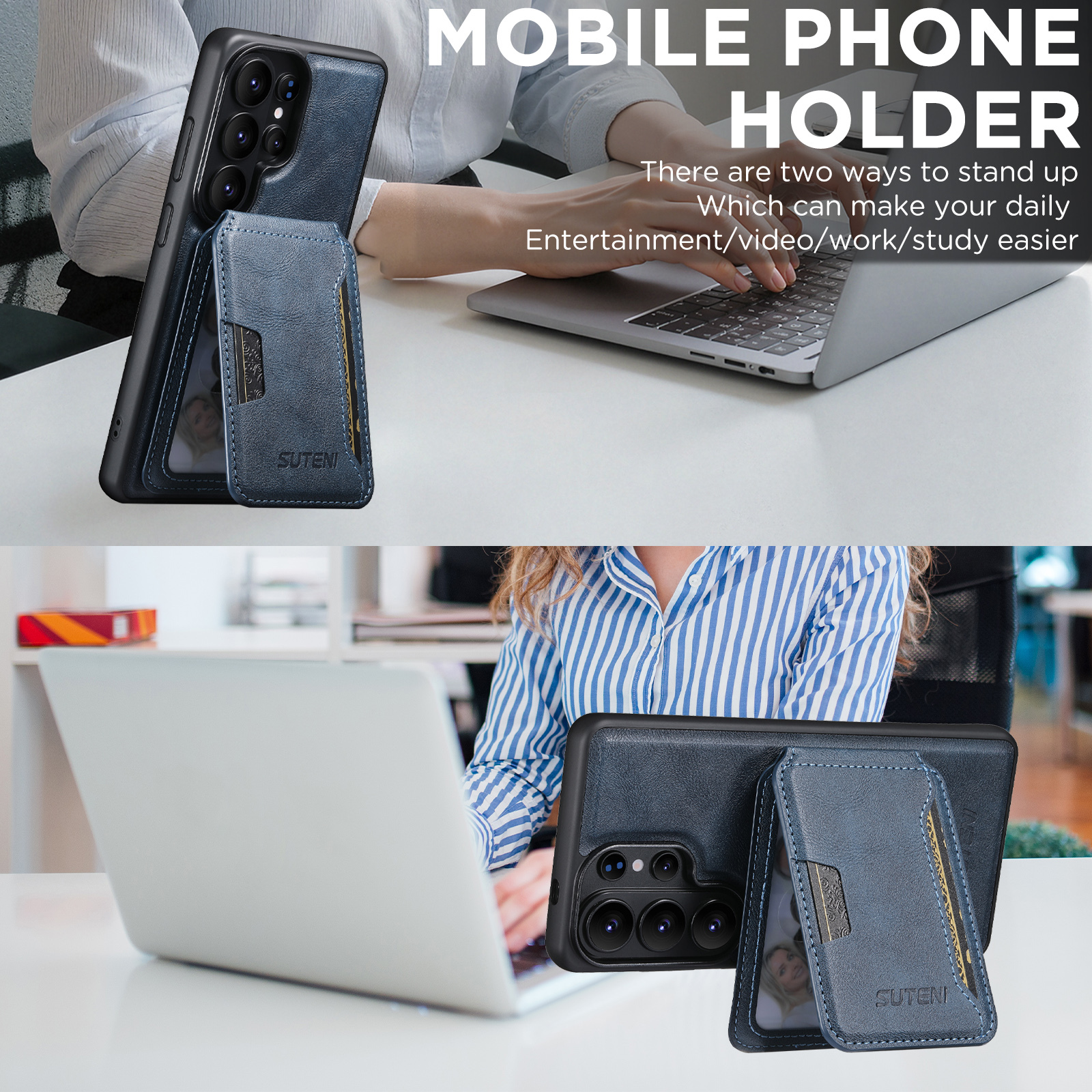 SUTENI M3 Wireless Charging Magnet Faux Leather Phone Case Card Holder Stand Smooth Surface Wallet 2-in-1 For Samsung Galaxy S26 Ultra S25 S24 S23 S22