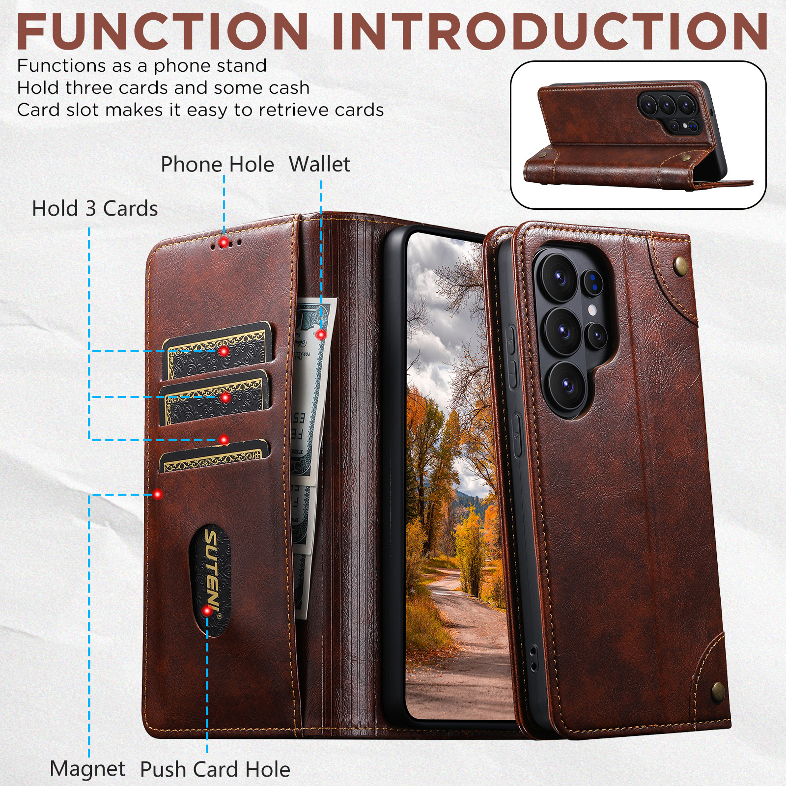 SUTENI BLK Phone Case Faux Leather Card Holder Stand Wallet Magnet Flip Cover For Samsung Galaxy S26 Ultra S25 Plus S24 S23 S22 Note20