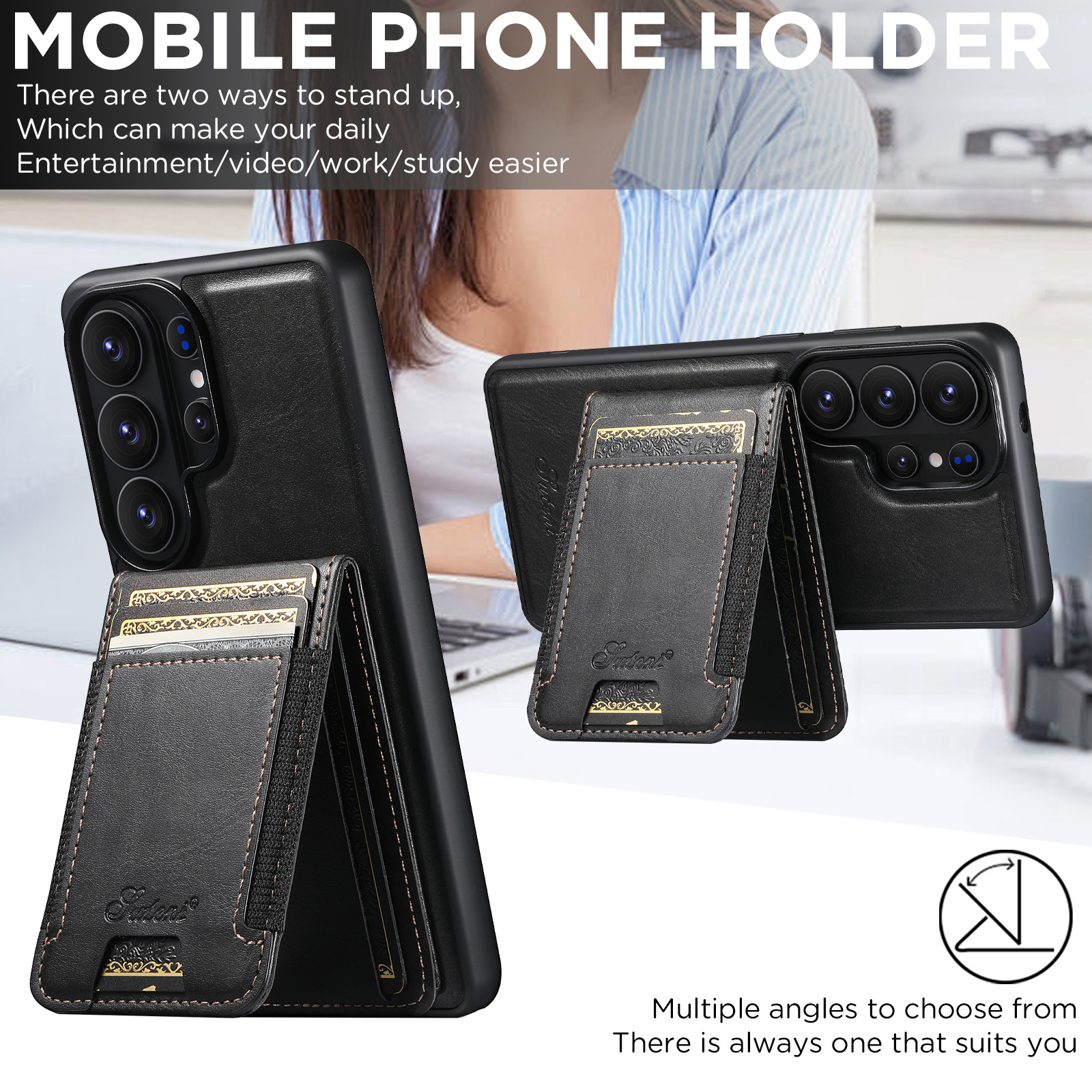 SUTENI H17YL Faux Leather Phone Case Magnet Wireless Charging Card Holder Stand For Samsung Galaxy S26 Ultra S25 Plus S24 S23 S22 Note20
