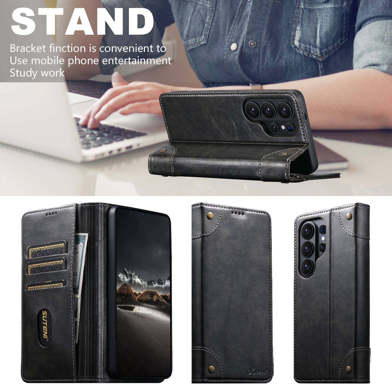 SUTENI BLK Phone Case Faux Leather Card Holder Stand Wallet Magnet Flip Cover For Samsung Galaxy S26 Ultra S25 Plus S24 S23 S22 Note20