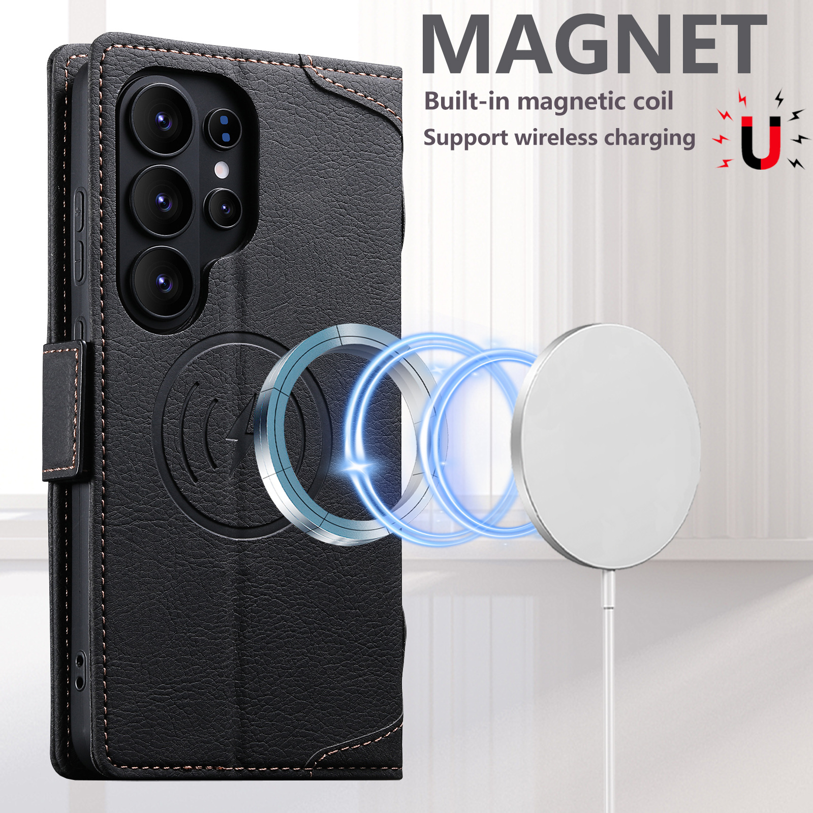 SUTENI J07 Wireless Charging Faux Leather Card Holder Stand Wallet Magnetic Button Flip Cover Phone Case For Samsung Galaxy S26 Ultra S25 S24 S23 S22