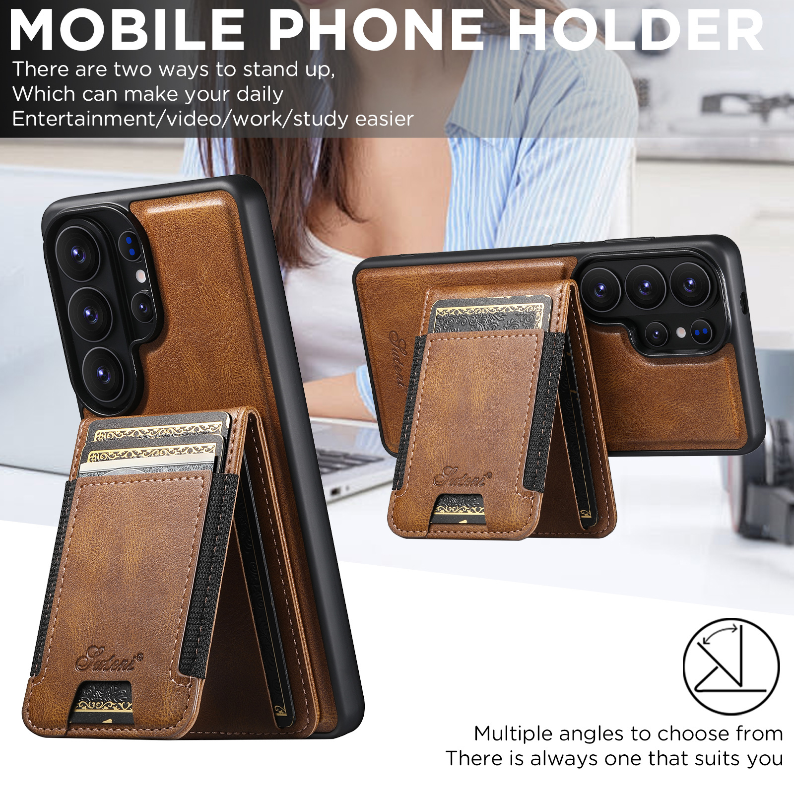 SUTENI H17YL Faux Leather Phone Case Magnet Wireless Charging Card Holder Stand For Samsung Galaxy S26 Ultra S25 Plus S24 S23 S22 Note20