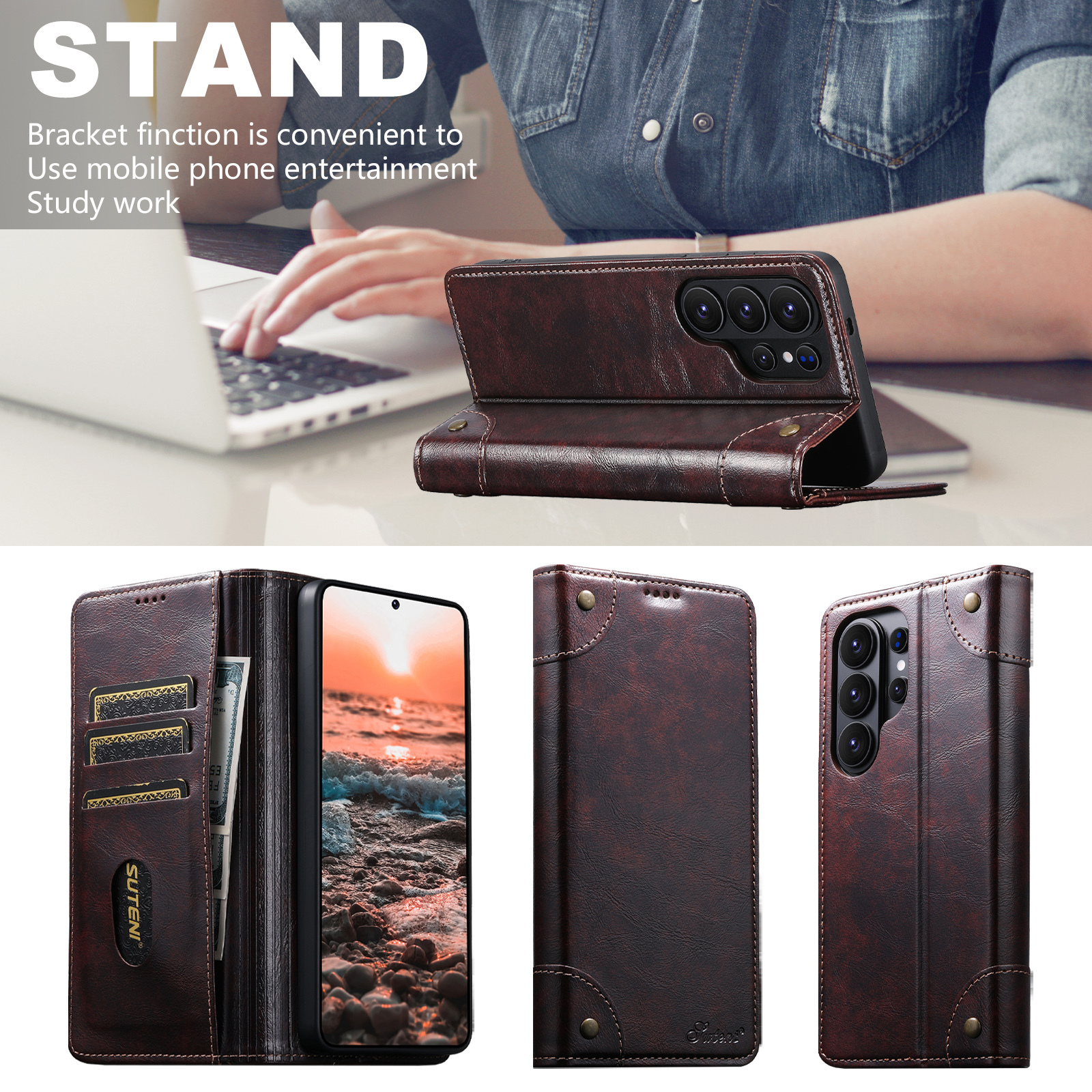 SUTENI BLK Phone Case Faux Leather Card Holder Stand Wallet Magnet Flip Cover For Samsung Galaxy S26 Ultra S25 Plus S24 S23 S22 Note20
