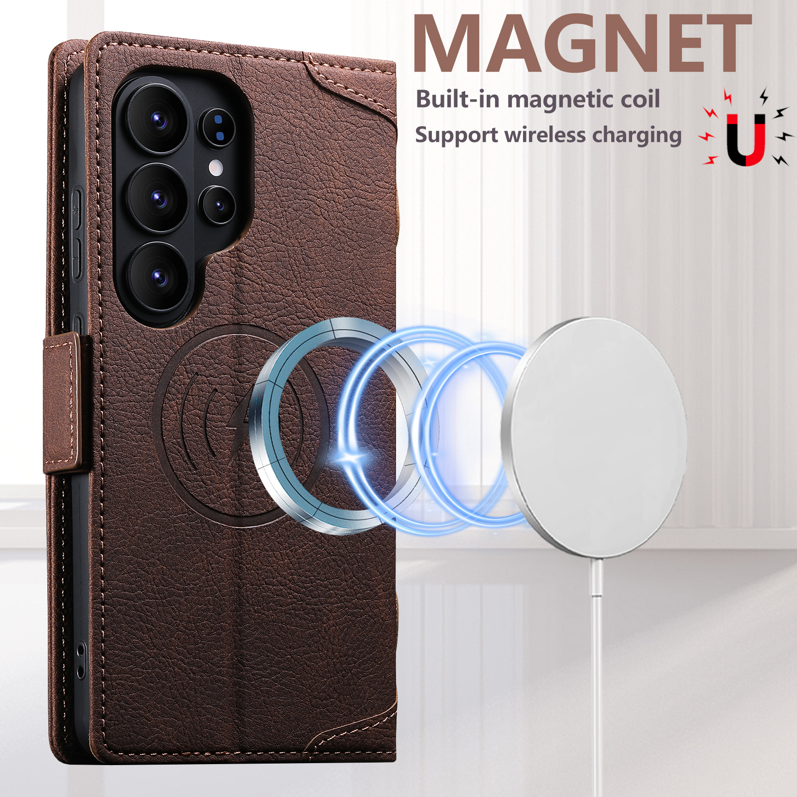 SUTENI J07 Wireless Charging Faux Leather Card Holder Stand Wallet Magnetic Button Flip Cover Phone Case For Samsung Galaxy S26 Ultra S25 S24 S23 S22