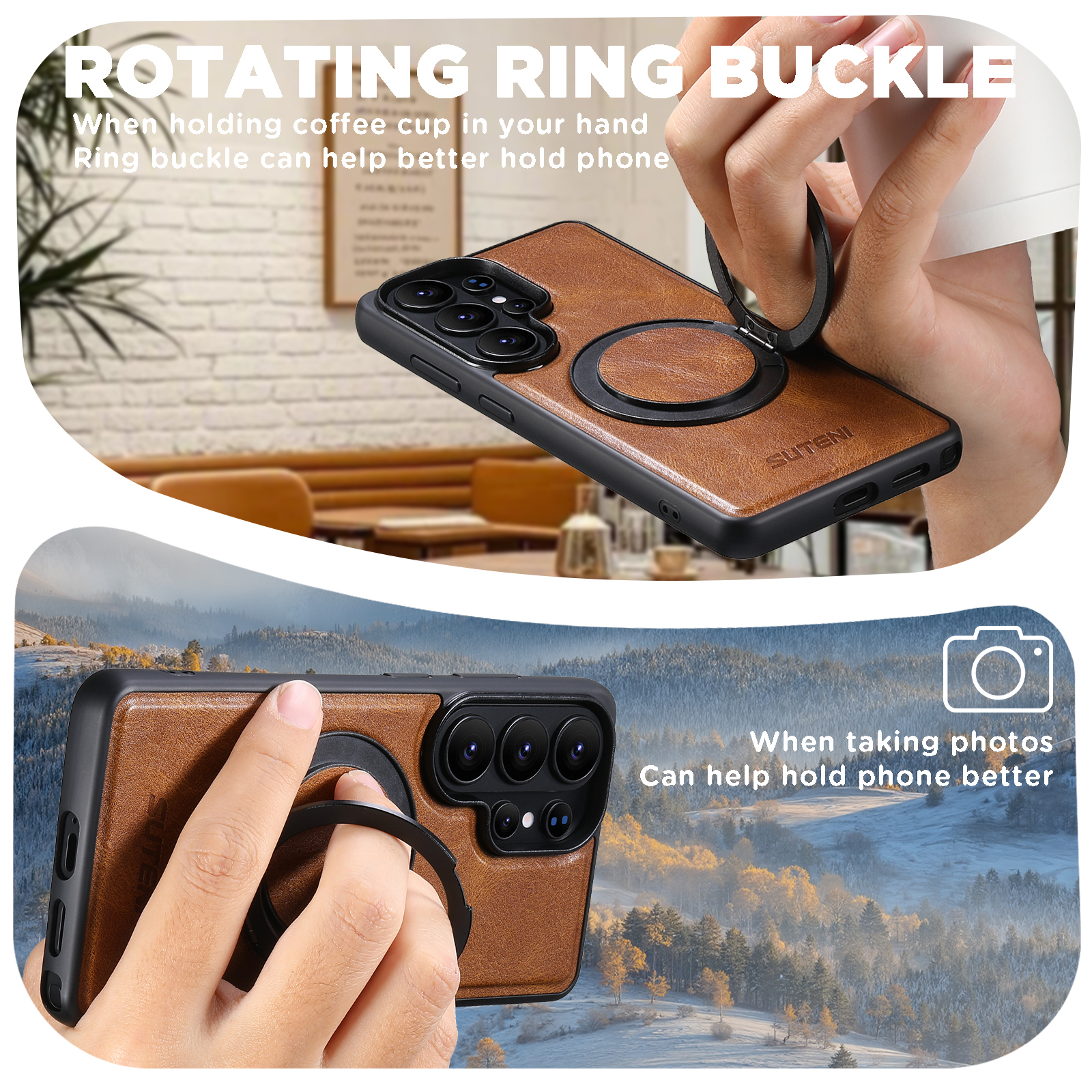 SUTENI G3YL Magnet Wireless Charging Phone Case Oil Wax Faux Leather 360° Rotating Stand Buckle For Samsung Galaxy S26 Ultra S25 S24 S23 S22