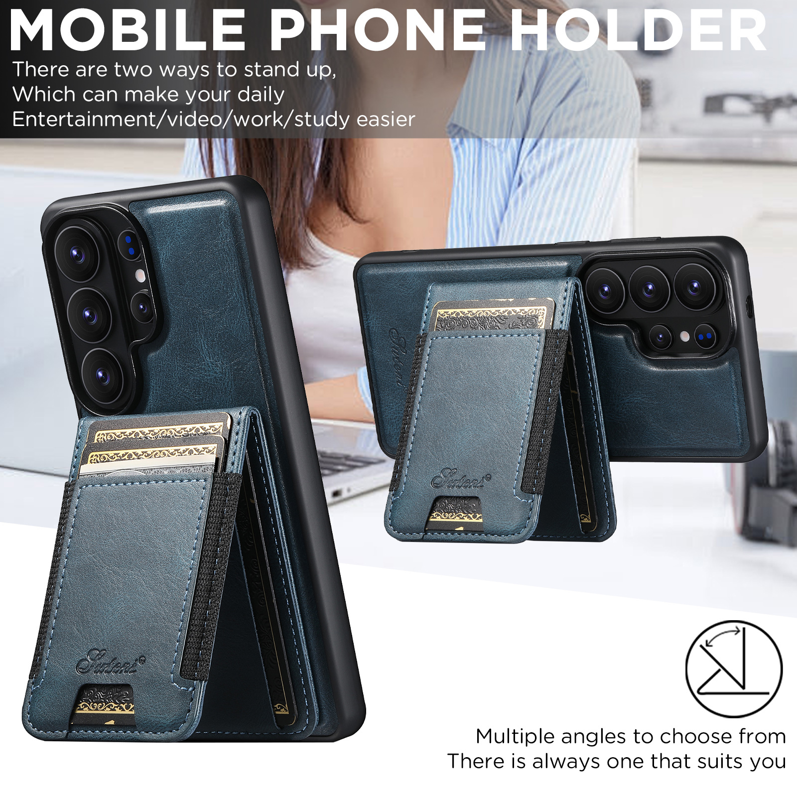 SUTENI H17YL Faux Leather Phone Case Magnet Wireless Charging Card Holder Stand For Samsung Galaxy S26 Ultra S25 Plus S24 S23 S22 Note20