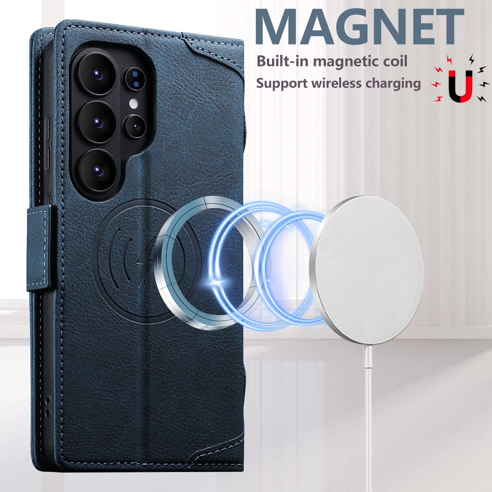 SUTENI J07 Wireless Charging Faux Leather Card Holder Stand Wallet Magnetic Button Flip Cover Phone Case For Samsung Galaxy S26 Ultra S25 S24 S23 S22