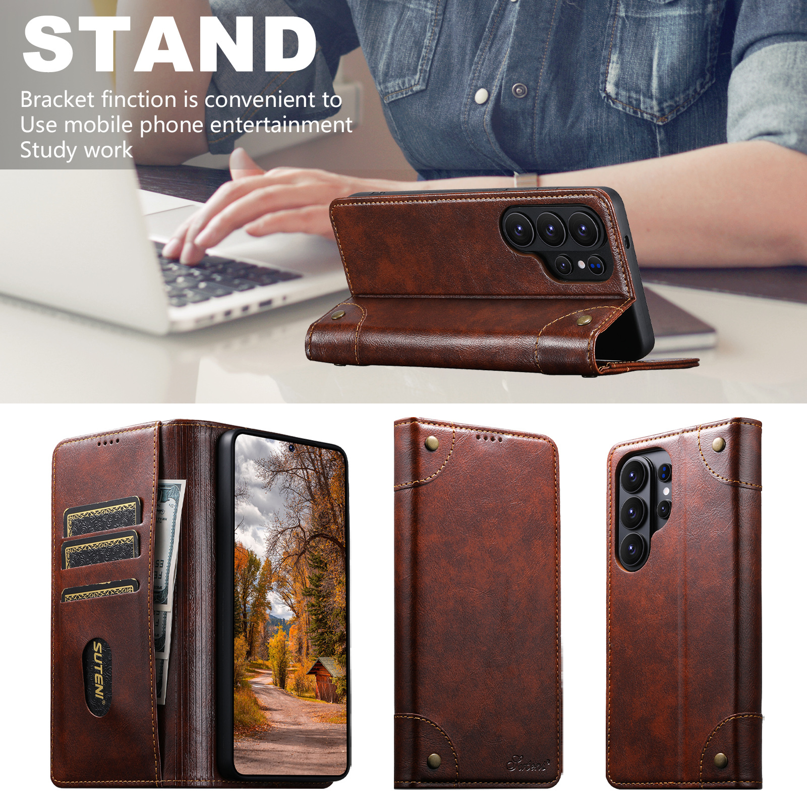SUTENI BLK Phone Case Faux Leather Card Holder Stand Wallet Magnet Flip Cover For Samsung Galaxy S26 Ultra S25 Plus S24 S23 S22 Note20