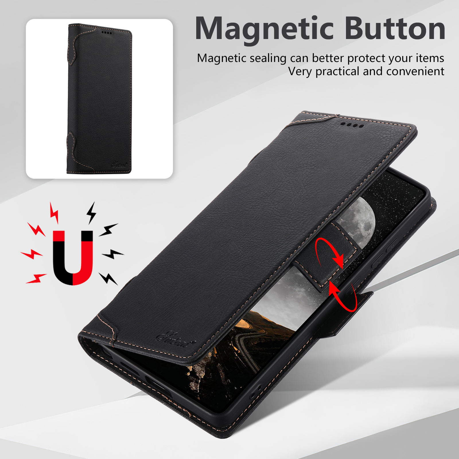 SUTENI J07 Wireless Charging Faux Leather Card Holder Stand Wallet Magnetic Button Flip Cover Phone Case For Samsung Galaxy S26 Ultra S25 S24 S23 S22
