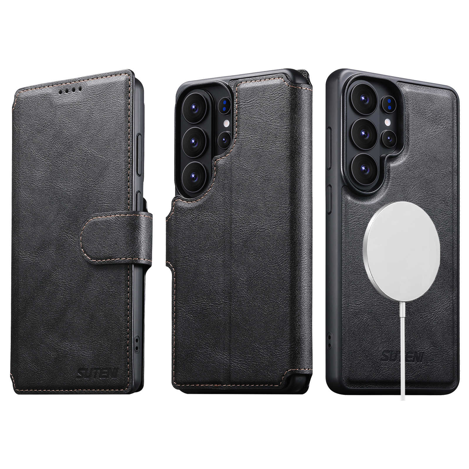SUTENI Q05 Faux Leather Wireless Charging Card Holder Stand Wallet Magnetic Flip Cover Phone Case For Samsung Galaxy S26 Ultra S25 S24 S23 S22