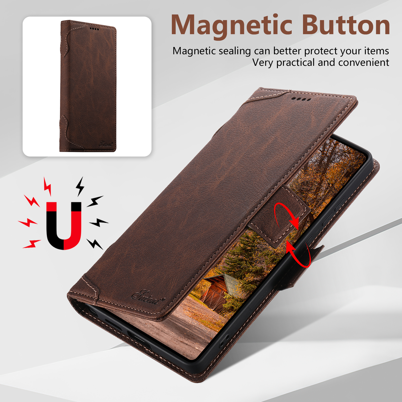 SUTENI J07 Wireless Charging Faux Leather Card Holder Stand Wallet Magnetic Button Flip Cover Phone Case For Samsung Galaxy S26 Ultra S25 S24 S23 S22