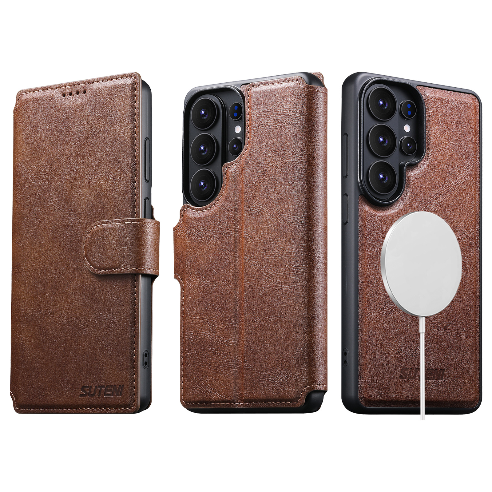 SUTENI Q05 Faux Leather Wireless Charging Card Holder Stand Wallet Magnetic Flip Cover Phone Case For Samsung Galaxy S26 Ultra S25 S24 S23 S22