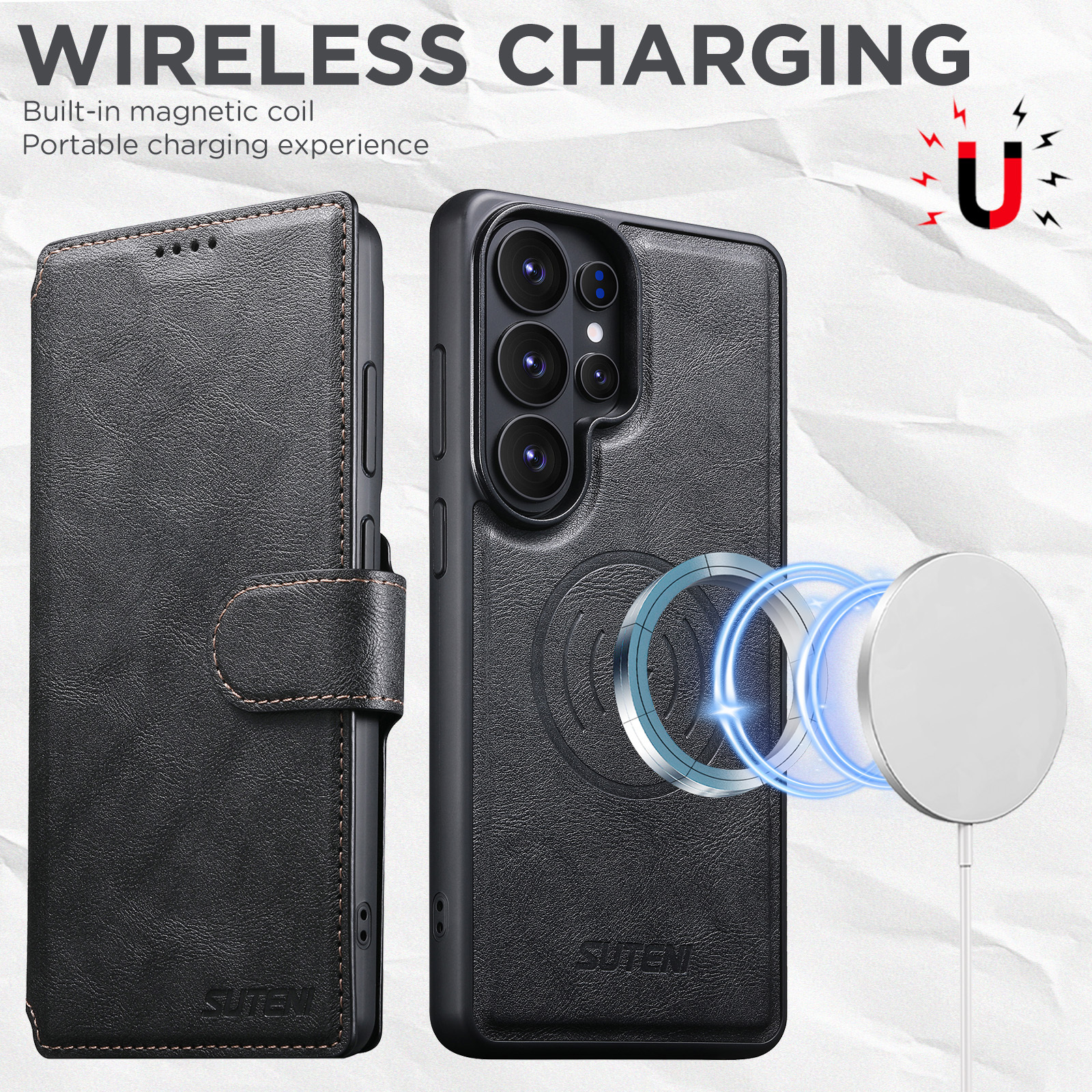 SUTENI Q05 Faux Leather Wireless Charging Card Holder Stand Wallet Magnetic Flip Cover Phone Case For Samsung Galaxy S26 Ultra S25 S24 S23 S22