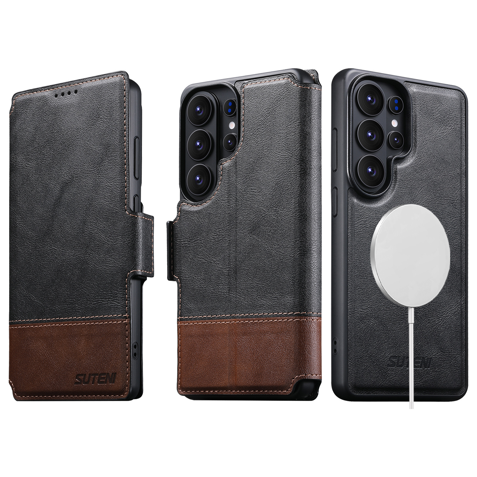 SUTENI Q06 Faux Leather Wireless Charging Card Holder Stand Wallet Magnetic Flip Cover Phone Case For Samsung Galaxy S26 Ultra S25 S24 S23 S22