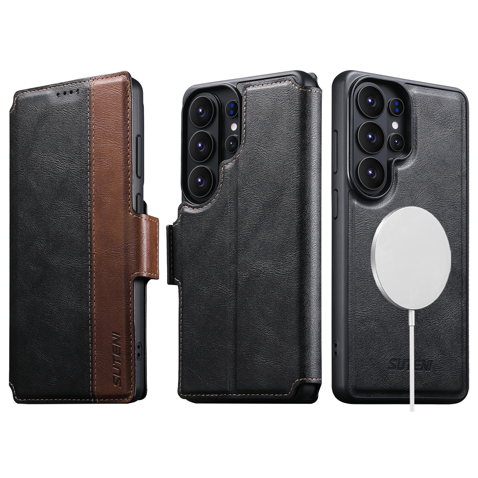 SUTENI Q07 Faux Leather Wireless Charging Card Holder Stand Wallet Magnetic Flip Cover Phone Case For Samsung Galaxy S26 Ultra S25 S24 S23 S22