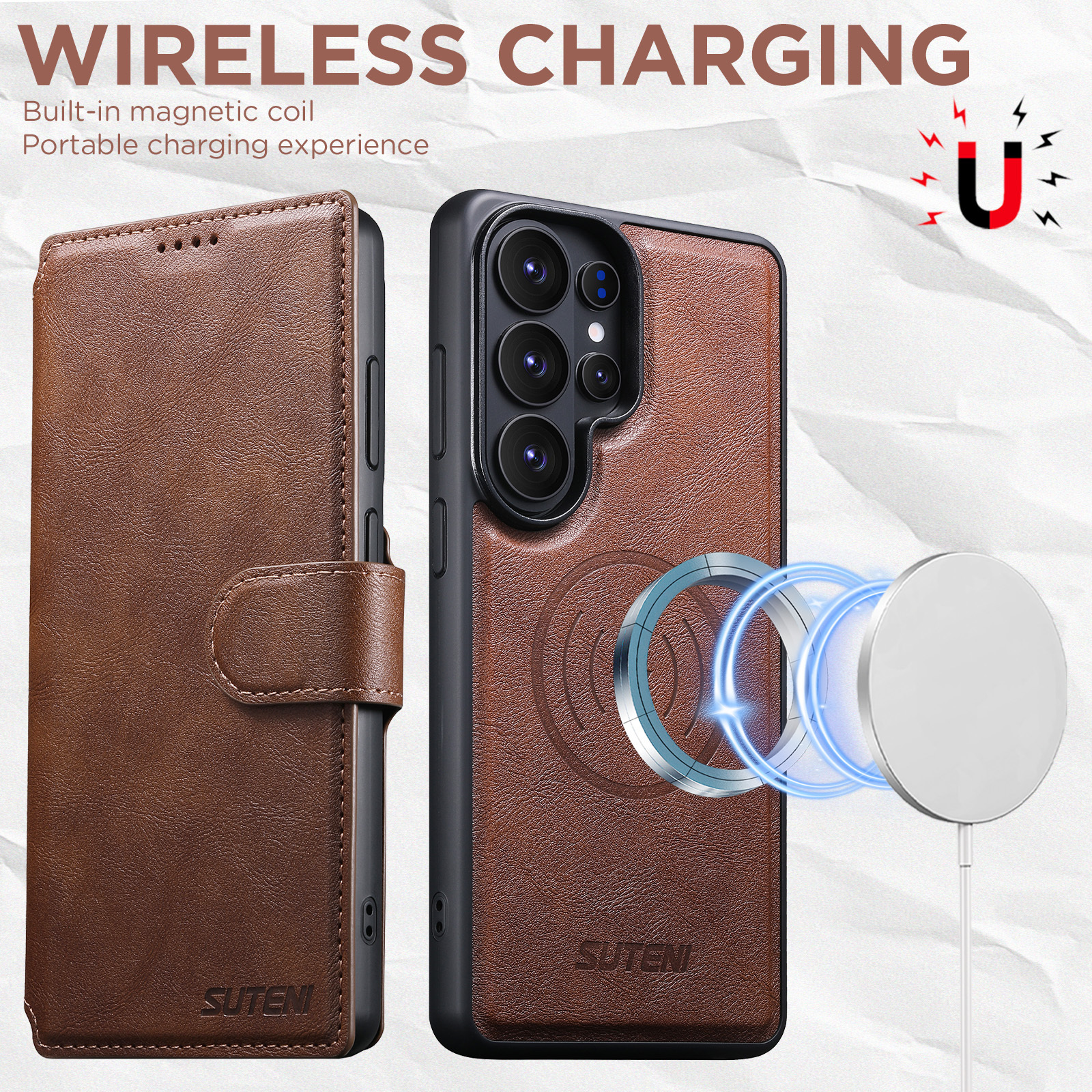 SUTENI Q05 Faux Leather Wireless Charging Card Holder Stand Wallet Magnetic Flip Cover Phone Case For Samsung Galaxy S26 Ultra S25 S24 S23 S22