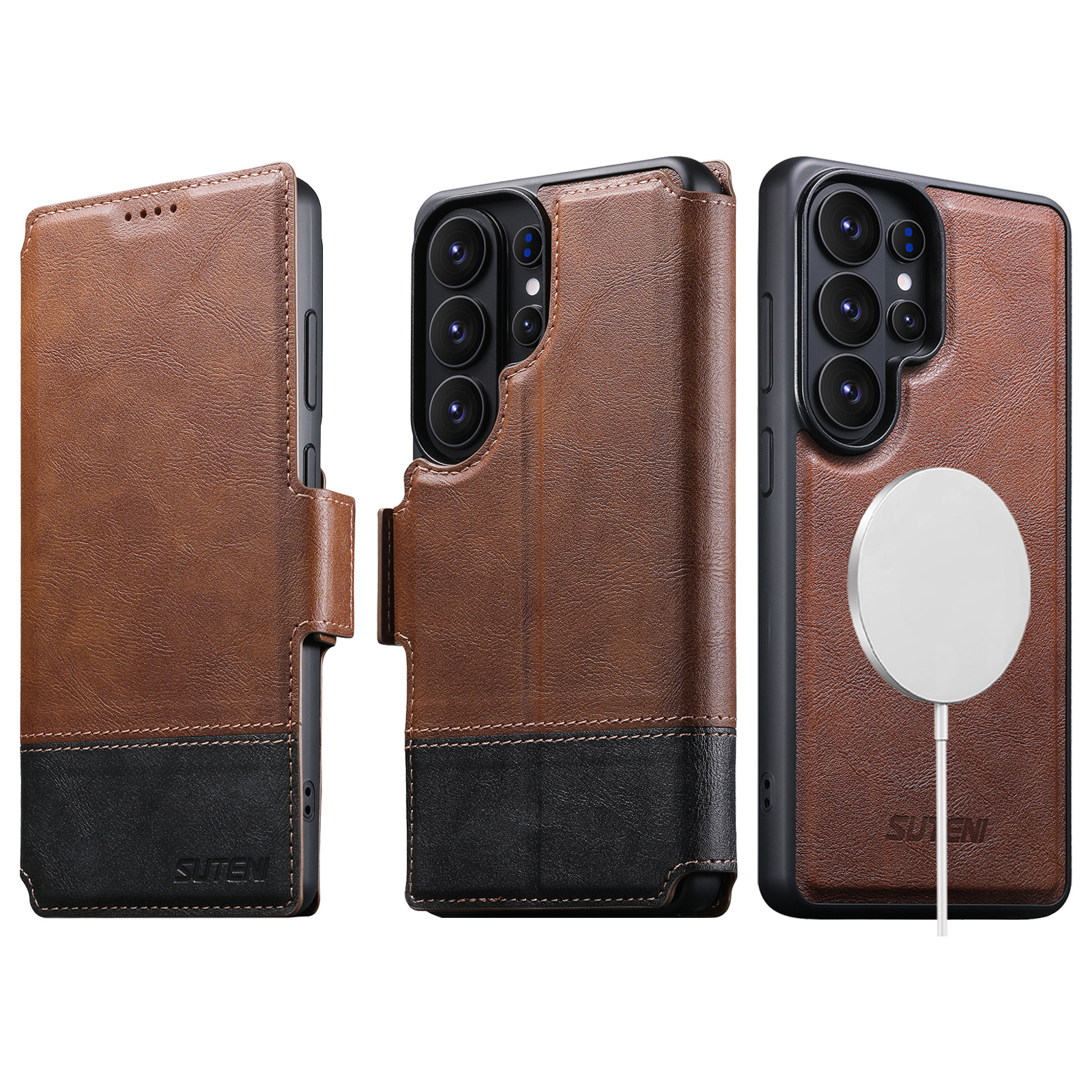 SUTENI Q06 Faux Leather Wireless Charging Card Holder Stand Wallet Magnetic Flip Cover Phone Case For Samsung Galaxy S26 Ultra S25 S24 S23 S22