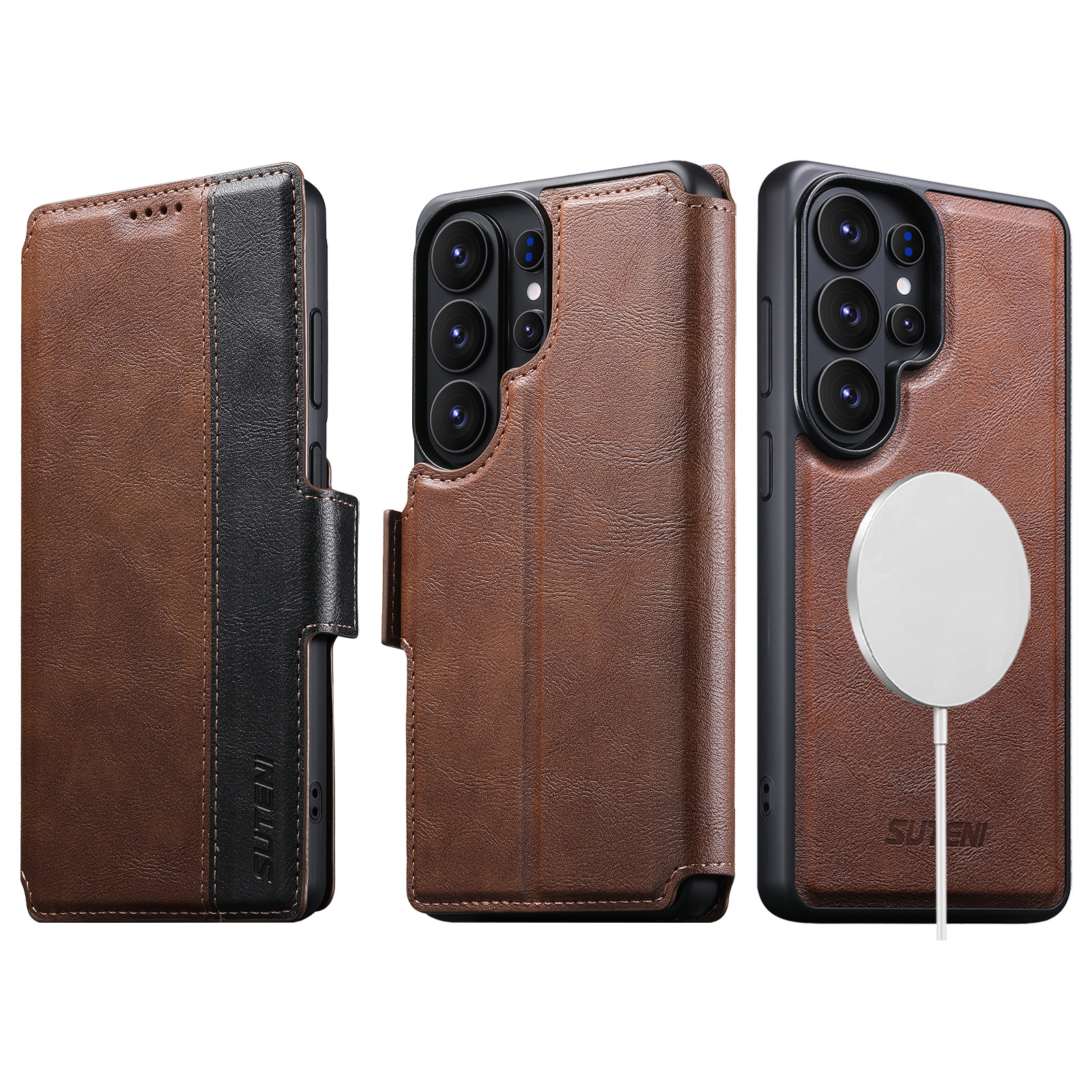 SUTENI Q07 Faux Leather Wireless Charging Card Holder Stand Wallet Magnetic Flip Cover Phone Case For Samsung Galaxy S26 Ultra S25 S24 S23 S22