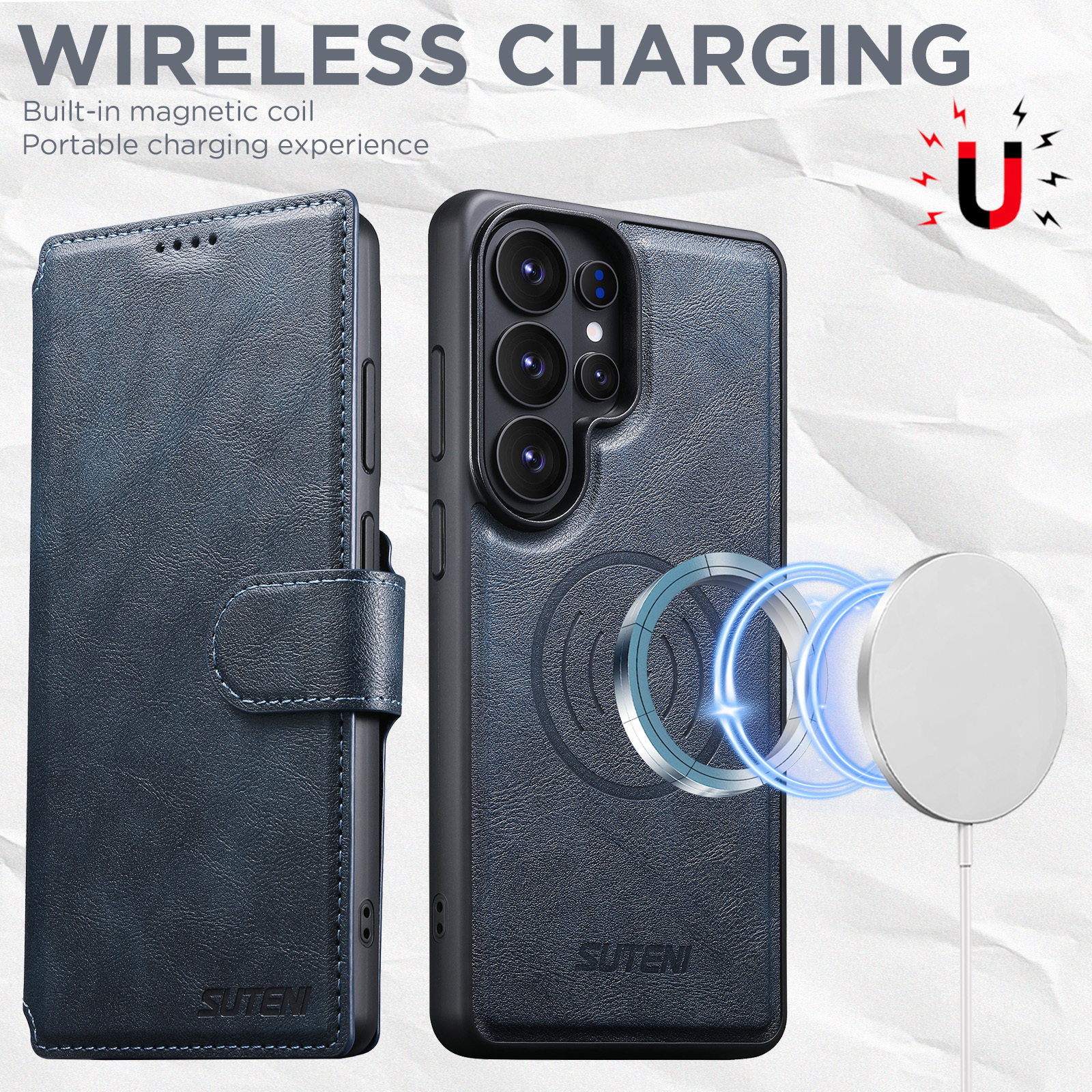 SUTENI Q05 Faux Leather Wireless Charging Card Holder Stand Wallet Magnetic Flip Cover Phone Case For Samsung Galaxy S26 Ultra S25 S24 S23 S22