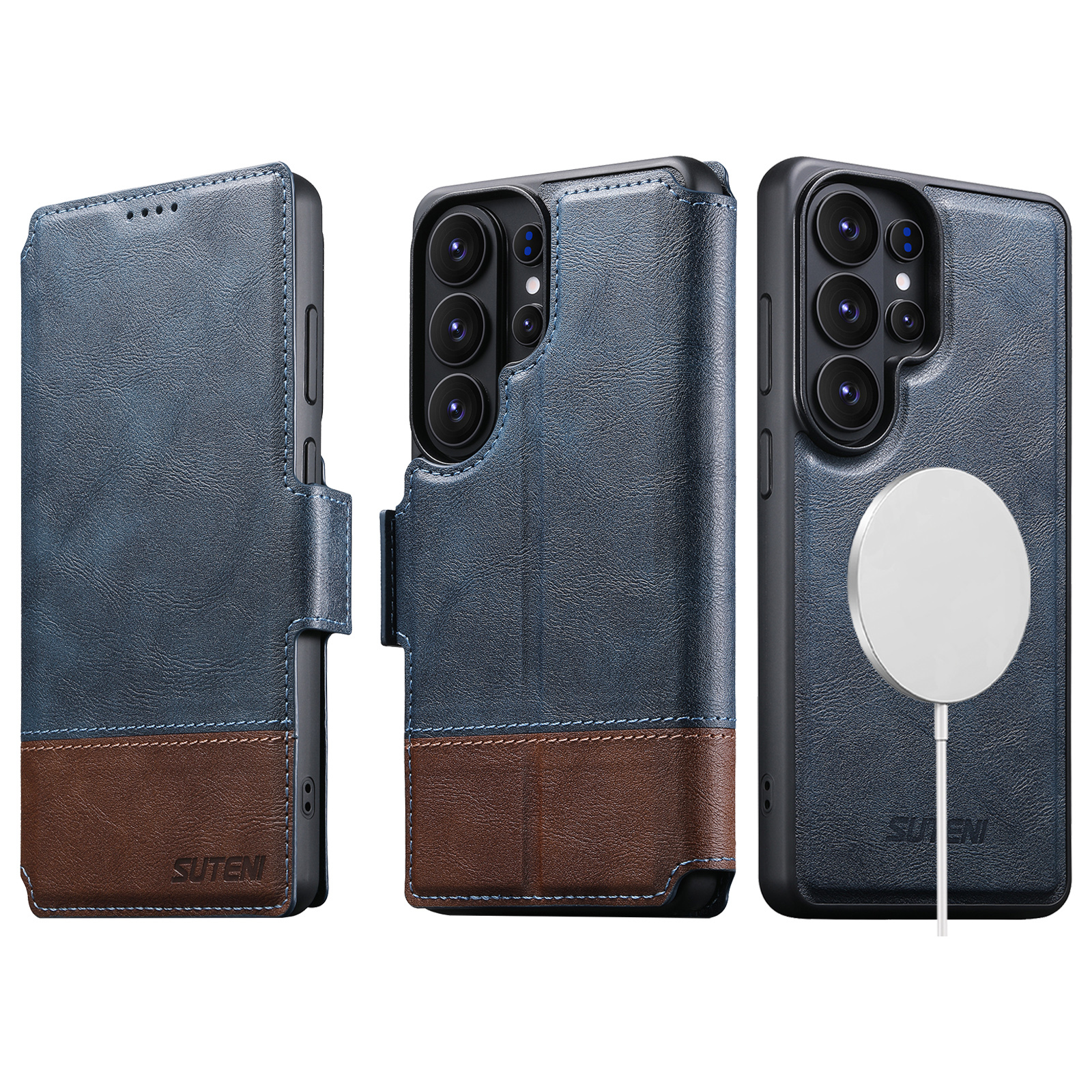 SUTENI Q06 Faux Leather Wireless Charging Card Holder Stand Wallet Magnetic Flip Cover Phone Case For Samsung Galaxy S26 Ultra S25 S24 S23 S22