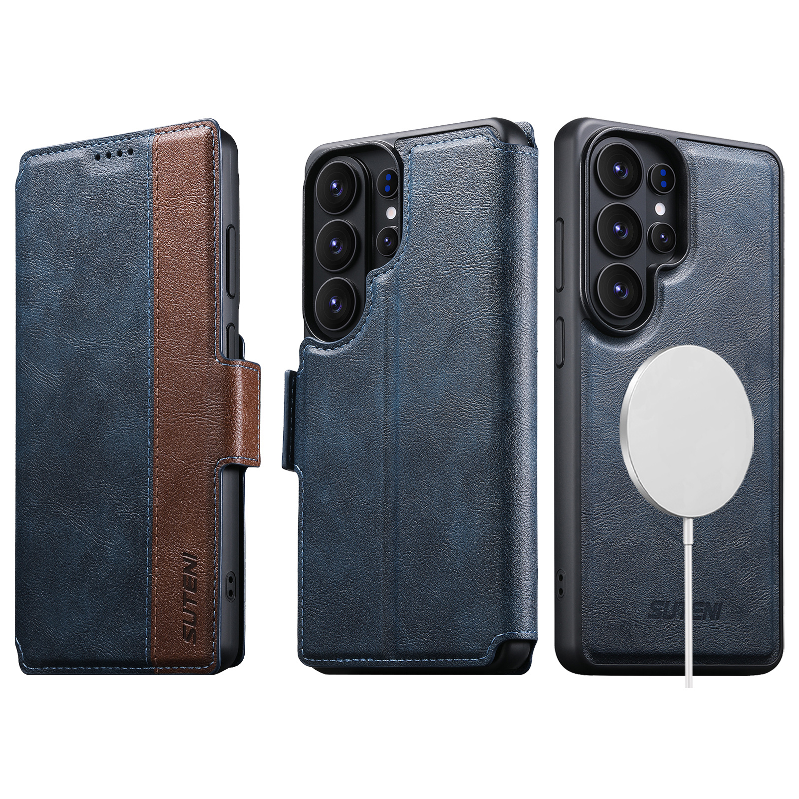 SUTENI Q07 Faux Leather Wireless Charging Card Holder Stand Wallet Magnetic Flip Cover Phone Case For Samsung Galaxy S26 Ultra S25 S24 S23 S22