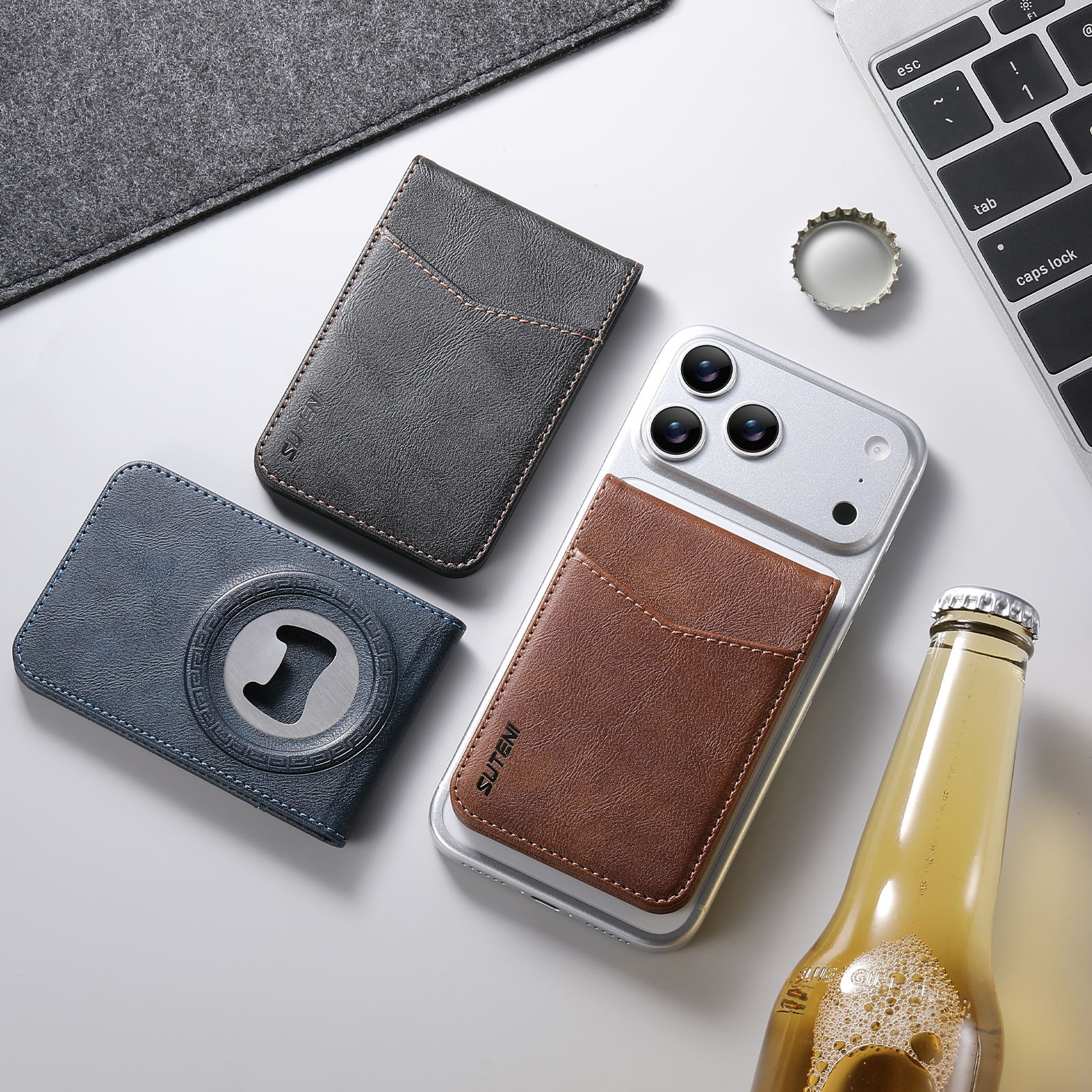 SUTENI S5 Mobile Phone Stand Magnet Flip Pocket Card Holder Storage Luxury Faux Leather Bottle Opener Bag Wallet