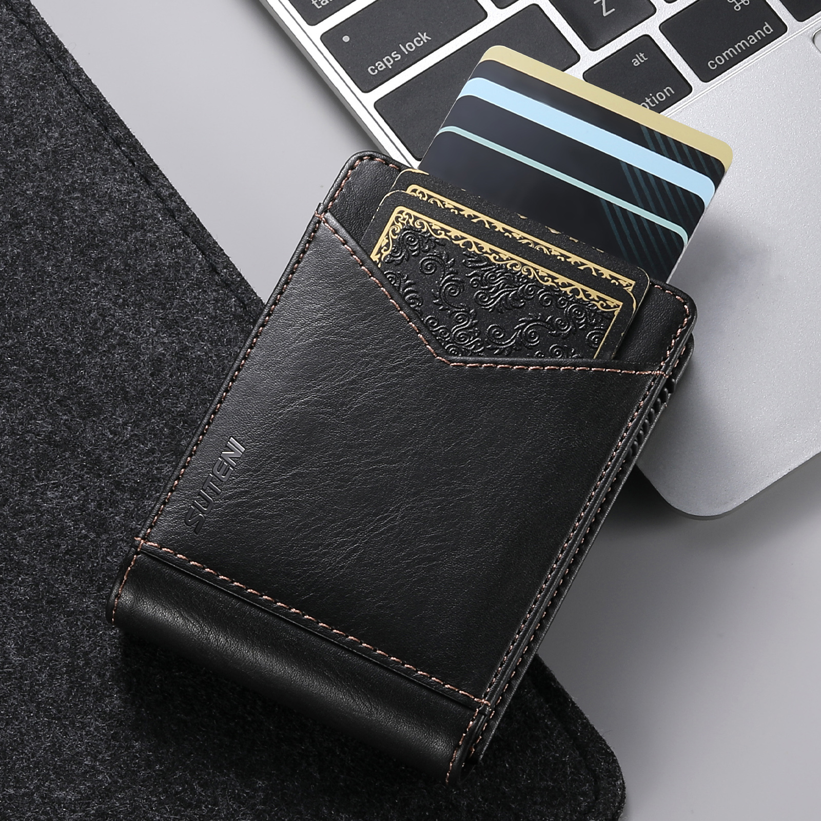 SUTENI KH8YL Card Slot Wallet Flip Cover Faux Leather Card Box Pressing The Button Automatically Ejects The Card