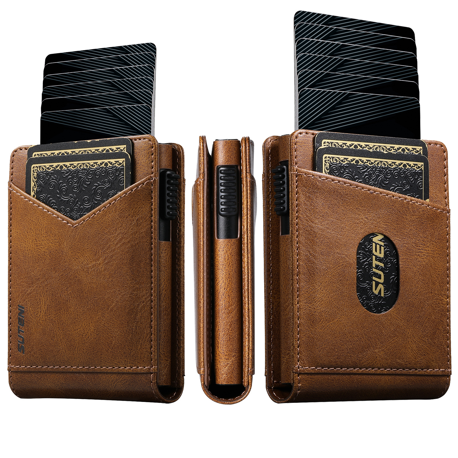 SUTENI KH8YL Card Slot Wallet Flip Cover Faux Leather Card Box Pressing The Button Automatically Ejects The Card