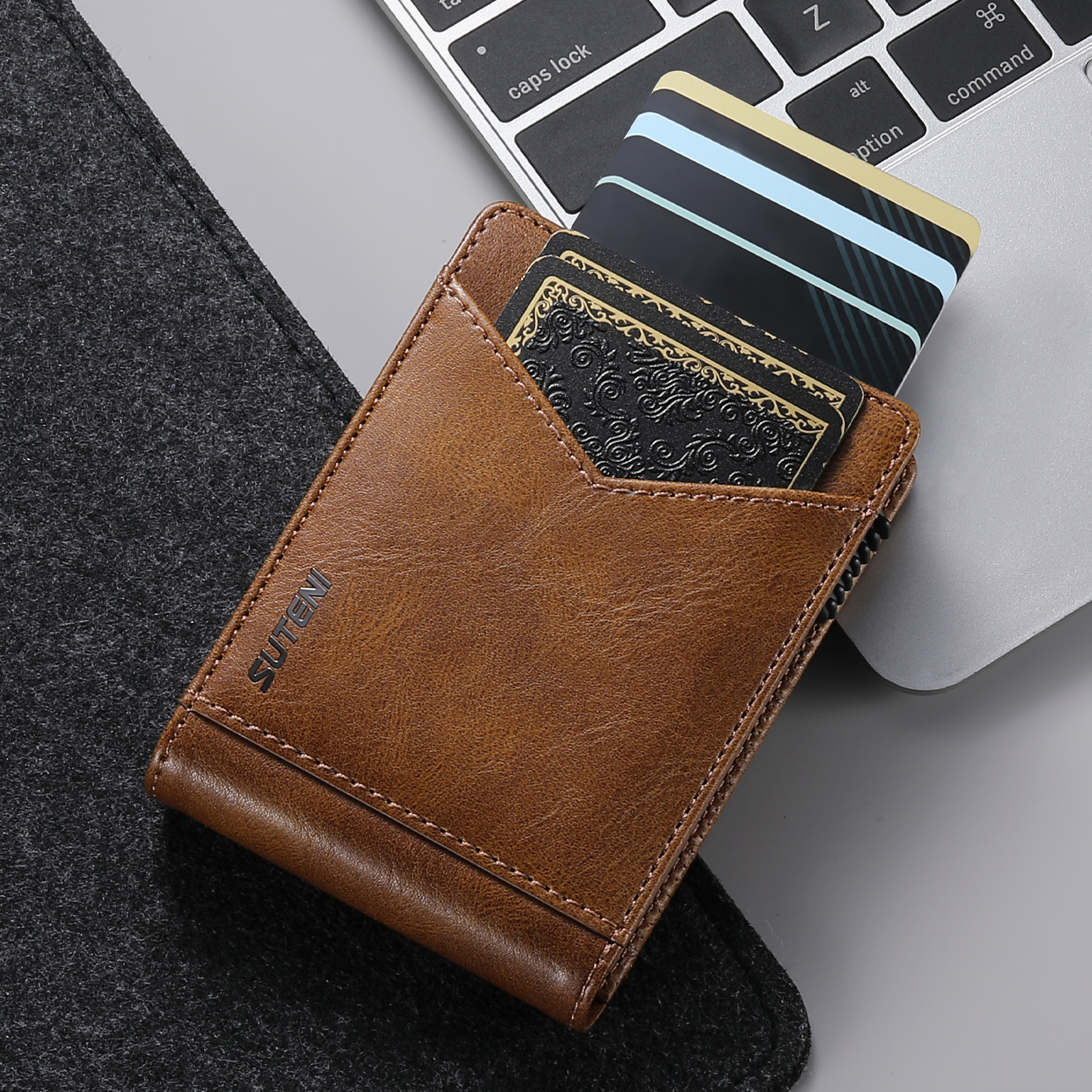 SUTENI KH8YL Card Slot Wallet Flip Cover Faux Leather Card Box Pressing The Button Automatically Ejects The Card