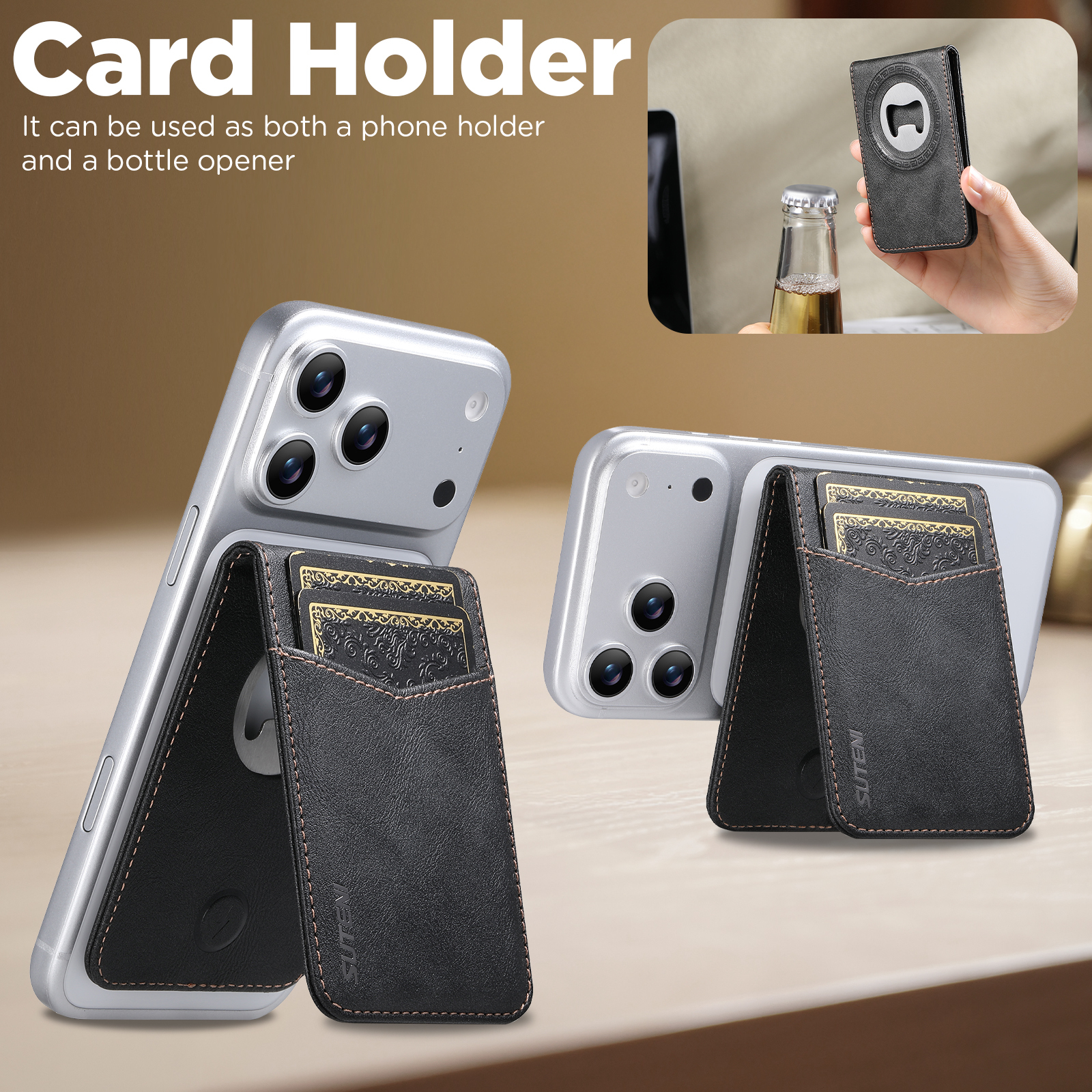 SUTENI S5 Mobile Phone Stand Magnet Flip Pocket Card Holder Storage Luxury Faux Leather Bottle Opener Bag Wallet