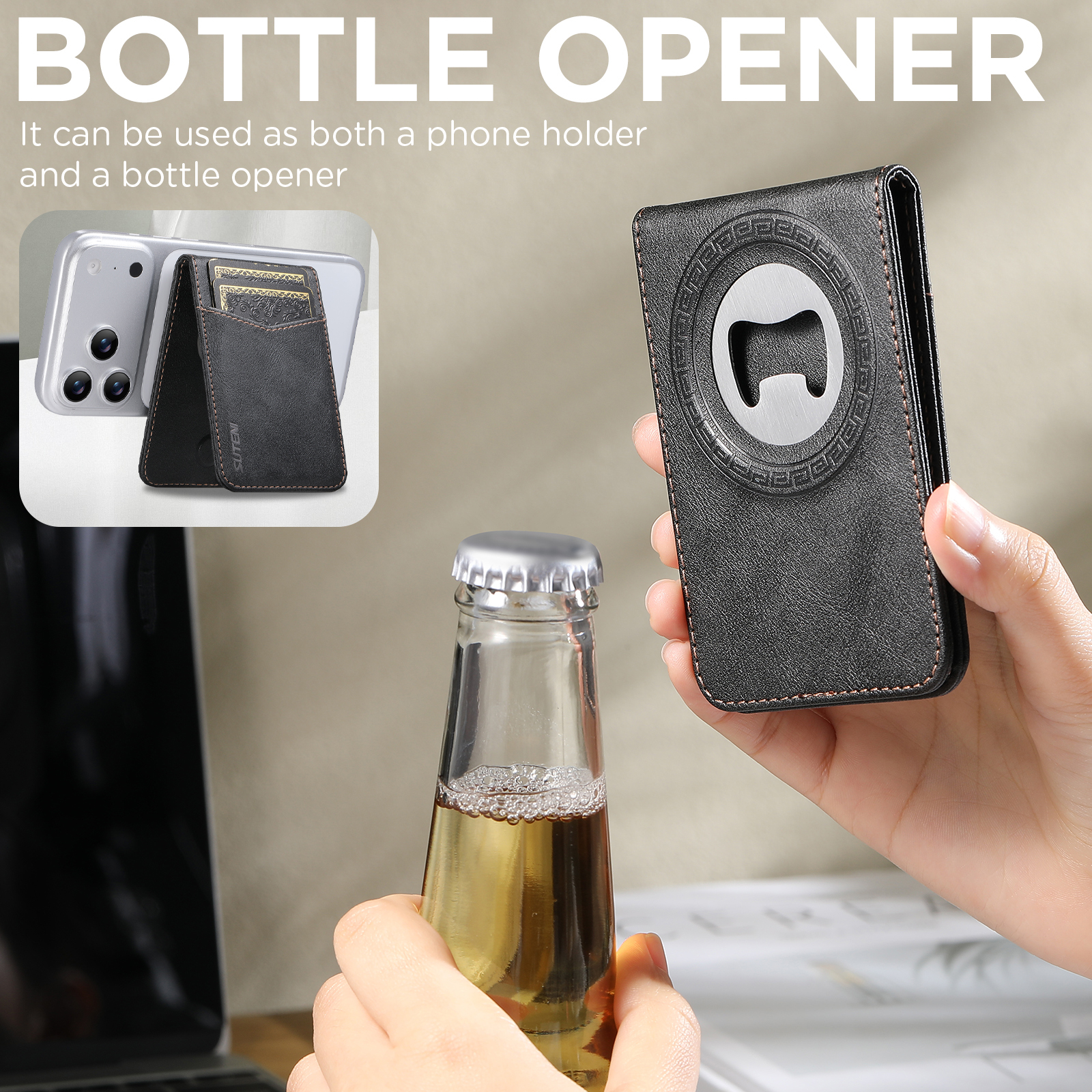 SUTENI S5 Mobile Phone Stand Magnet Flip Pocket Card Holder Storage Luxury Faux Leather Bottle Opener Bag Wallet