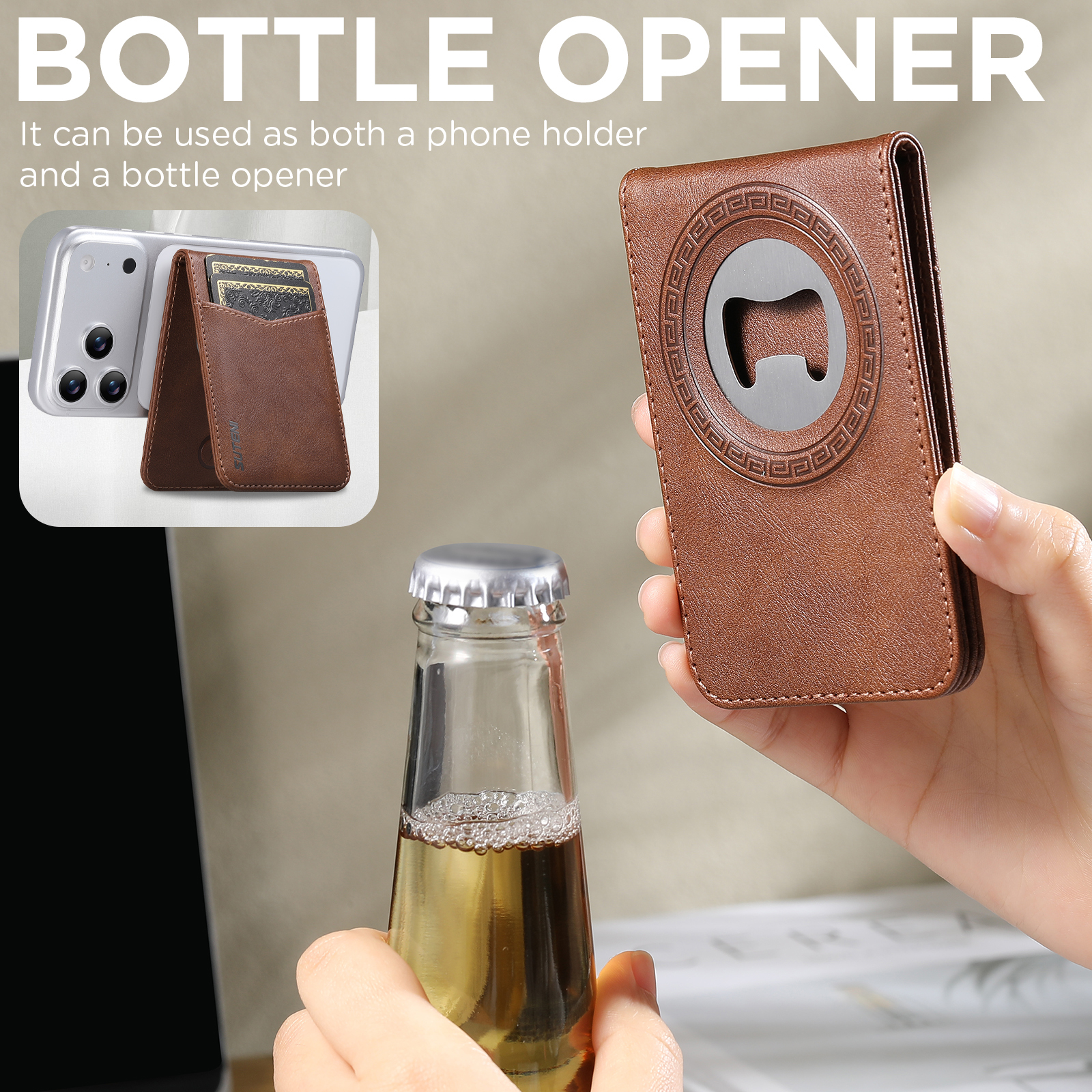 SUTENI S5 Mobile Phone Stand Magnet Flip Pocket Card Holder Storage Luxury Faux Leather Bottle Opener Bag Wallet