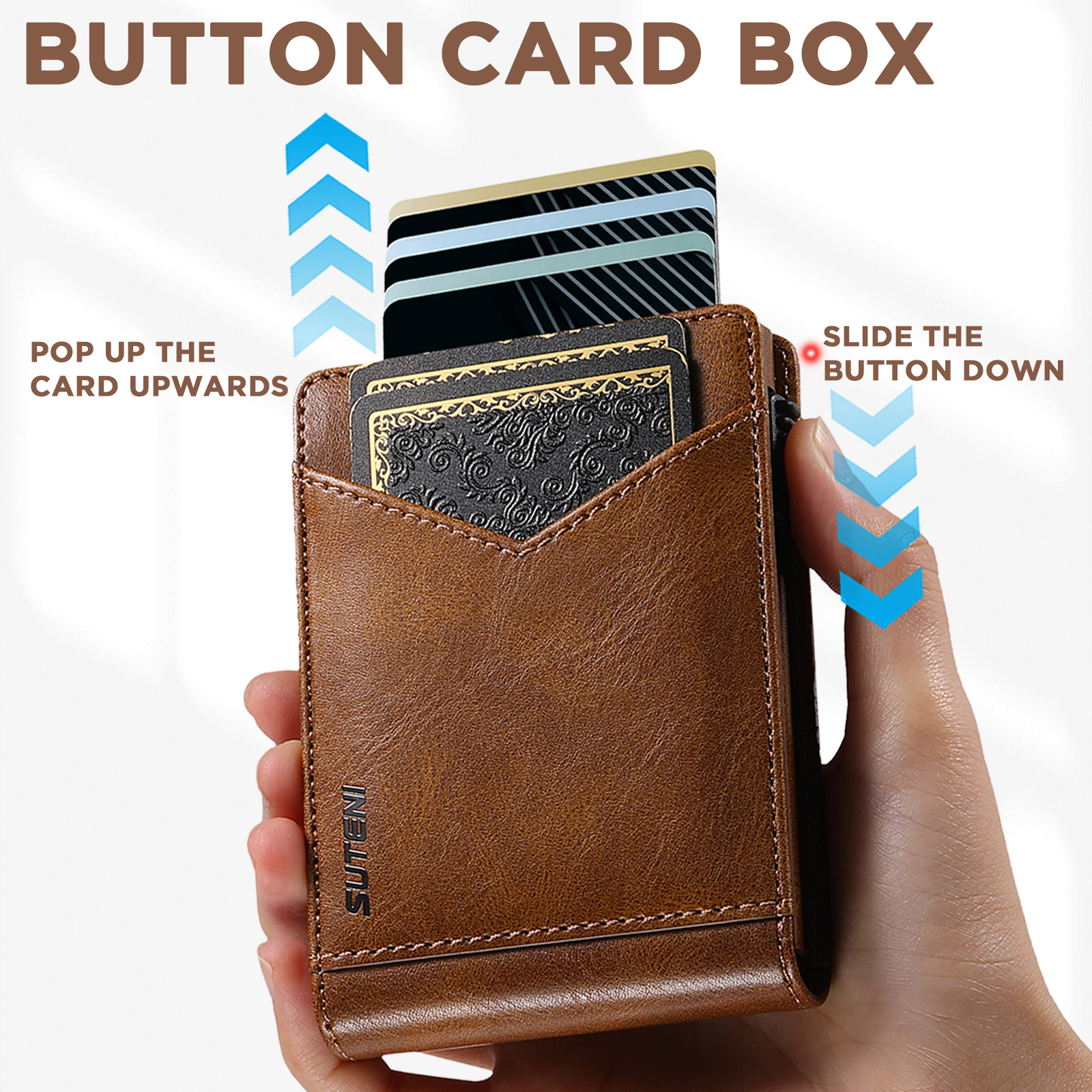 SUTENI KH8YL Card Slot Wallet Flip Cover Faux Leather Card Box Pressing The Button Automatically Ejects The Card