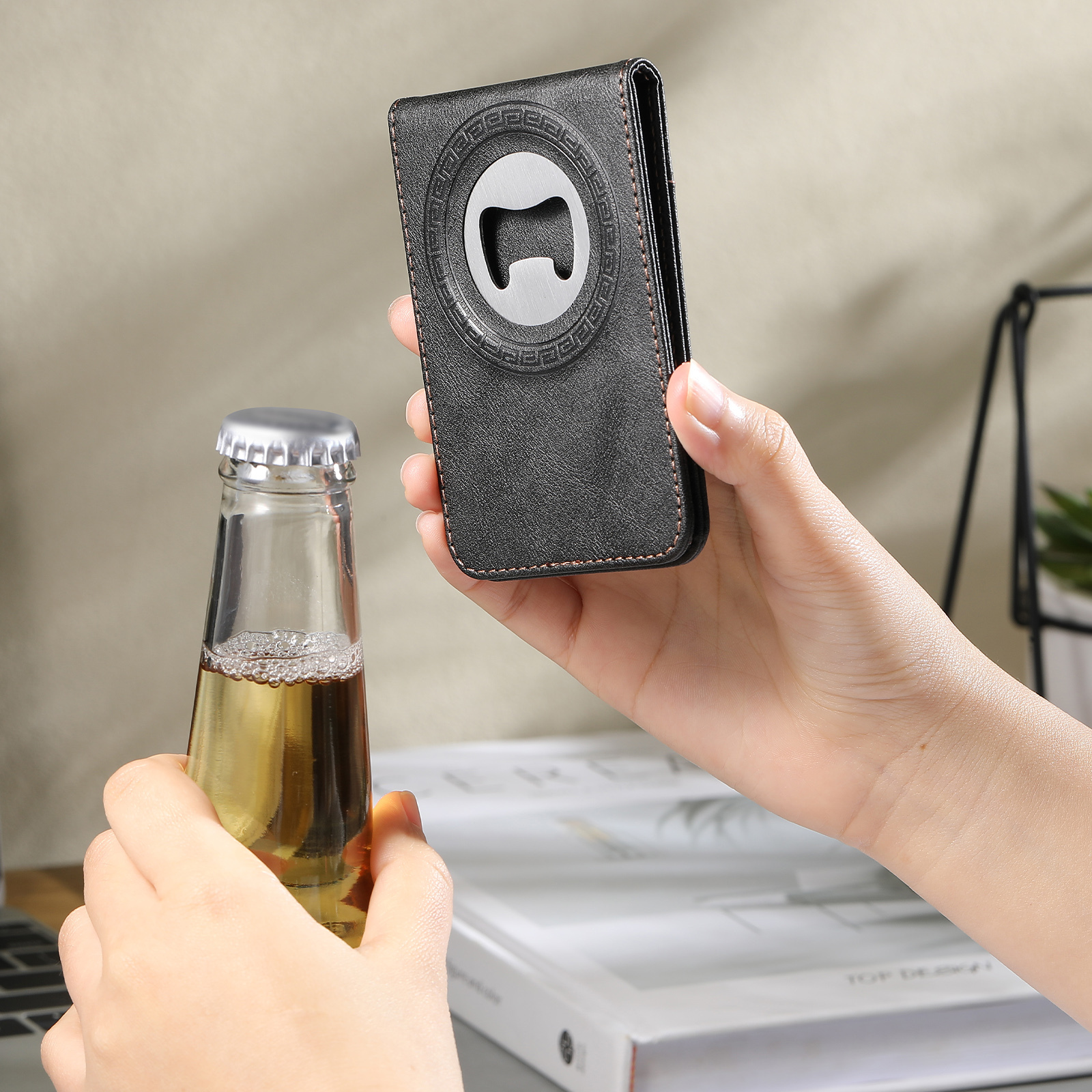 SUTENI S5 Mobile Phone Stand Magnet Flip Pocket Card Holder Storage Luxury Faux Leather Bottle Opener Bag Wallet
