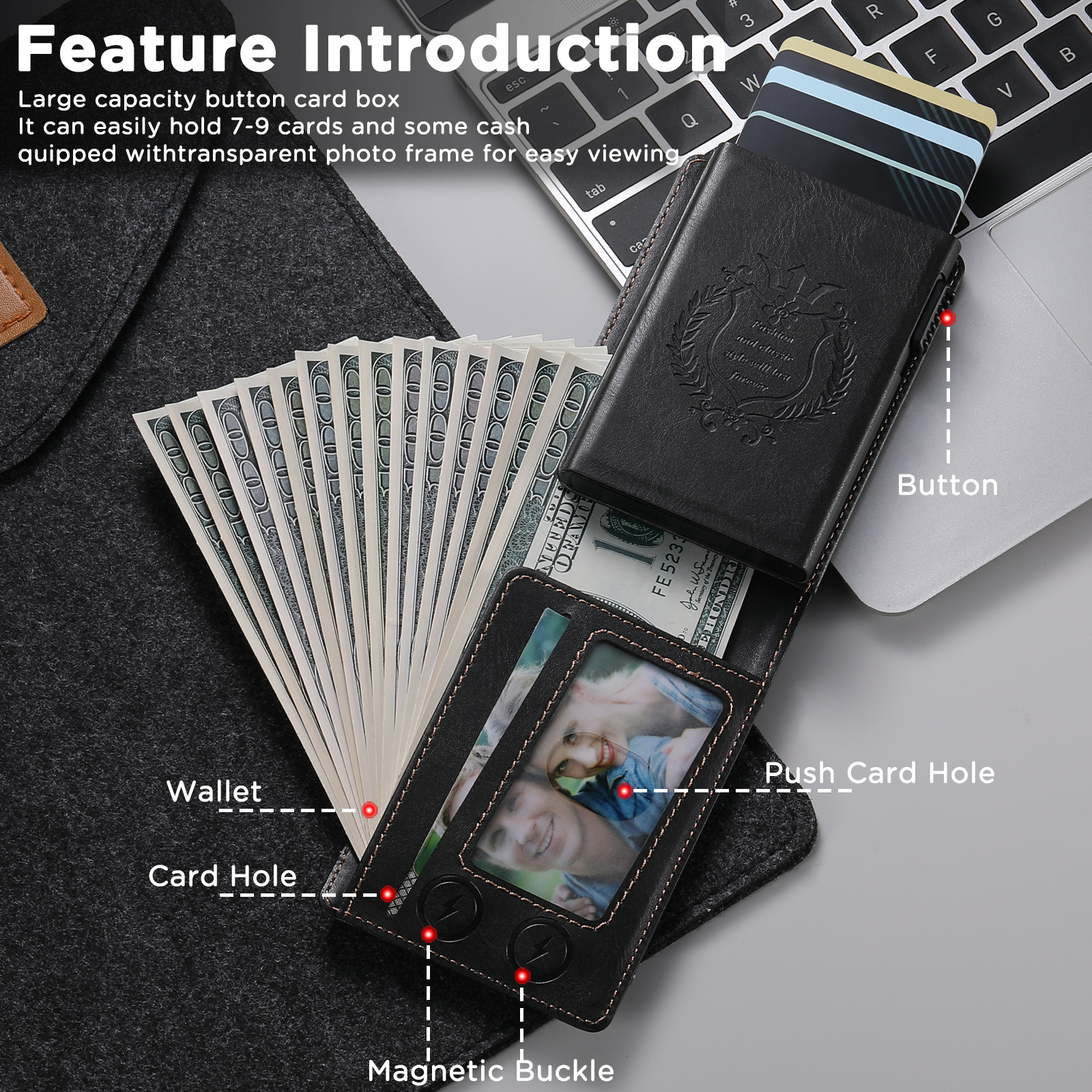 SUTENI KH8YL Card Slot Wallet Flip Cover Faux Leather Card Box Pressing The Button Automatically Ejects The Card