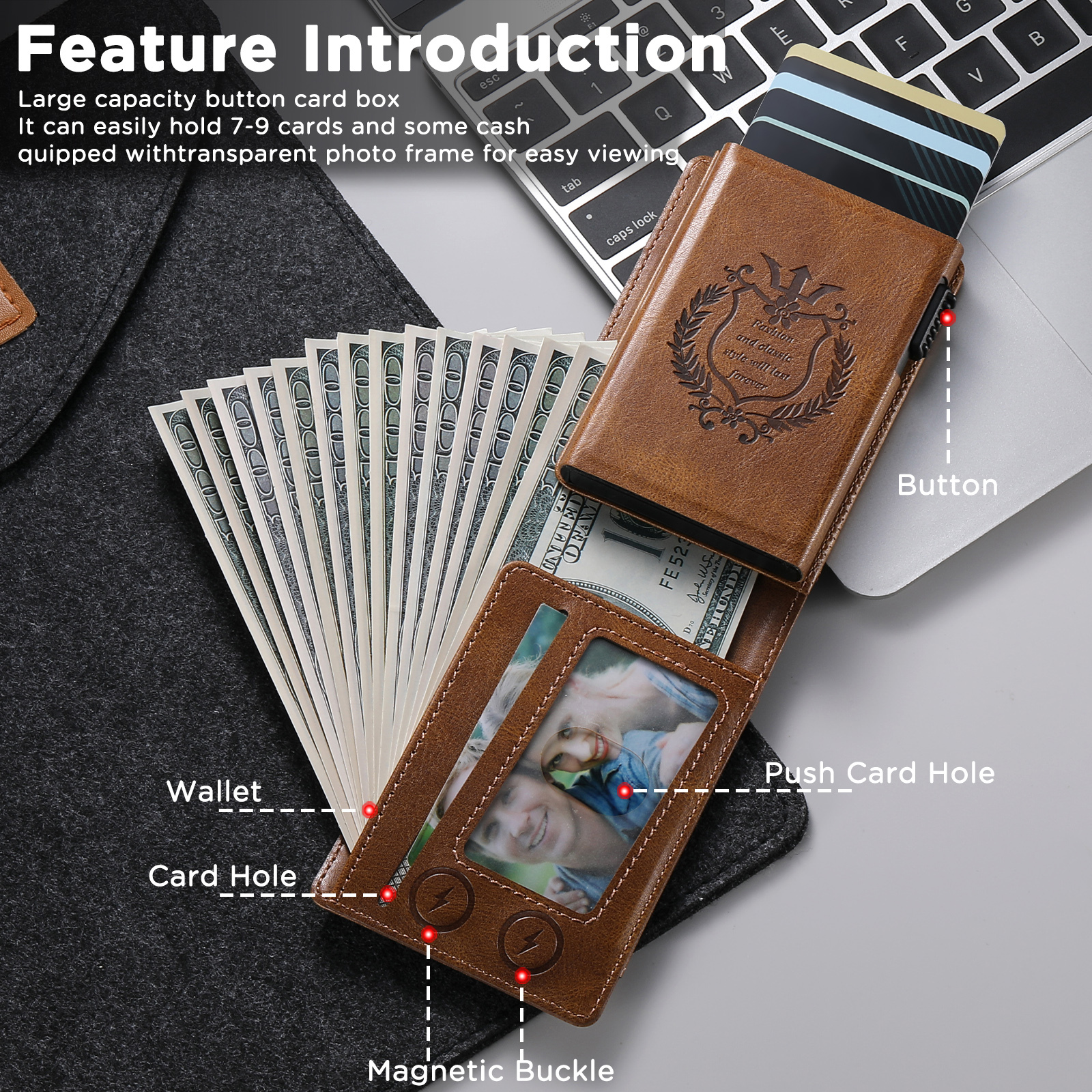 SUTENI KH8YL Card Slot Wallet Flip Cover Faux Leather Card Box Pressing The Button Automatically Ejects The Card