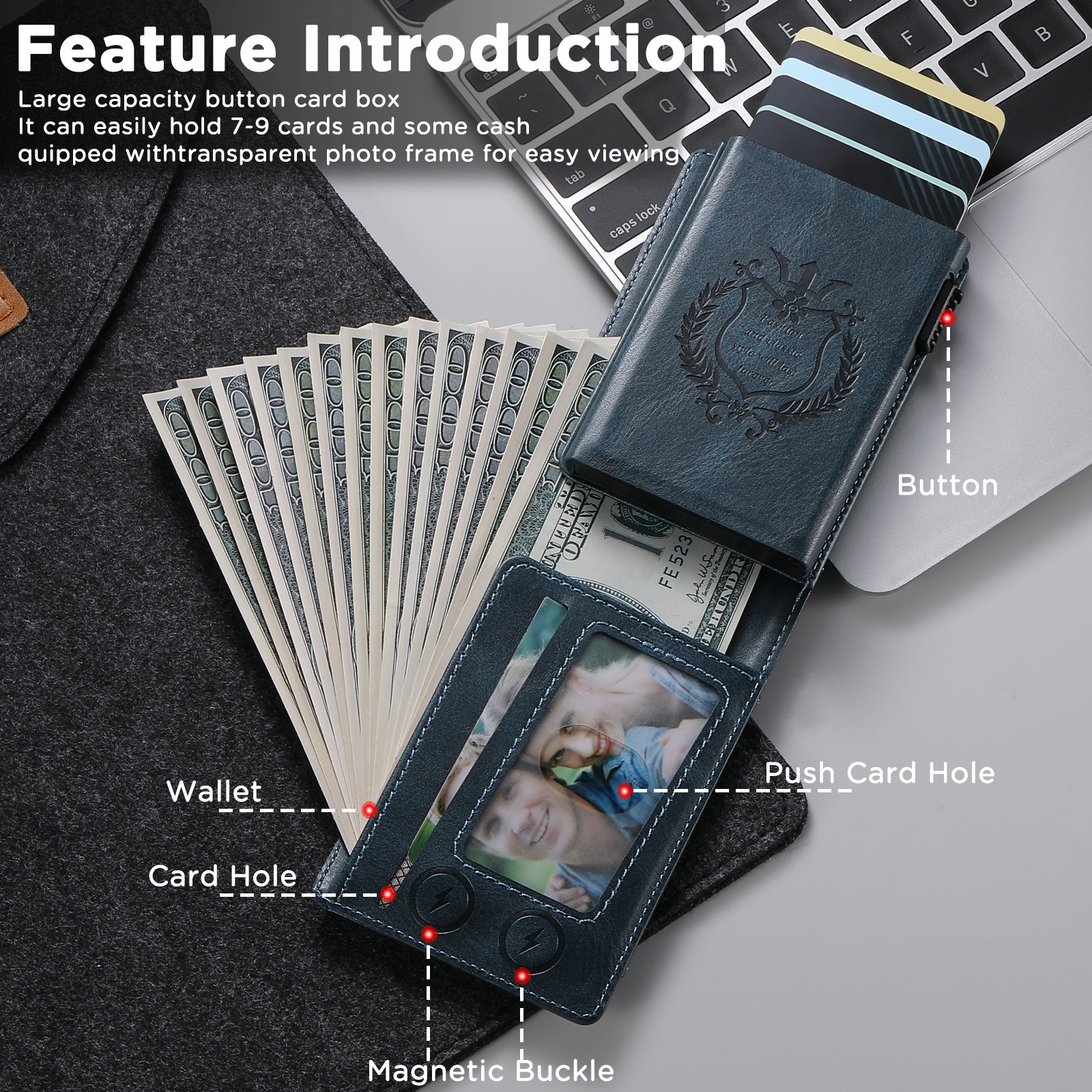 SUTENI KH8YL Card Slot Wallet Flip Cover Faux Leather Card Box Pressing The Button Automatically Ejects The Card