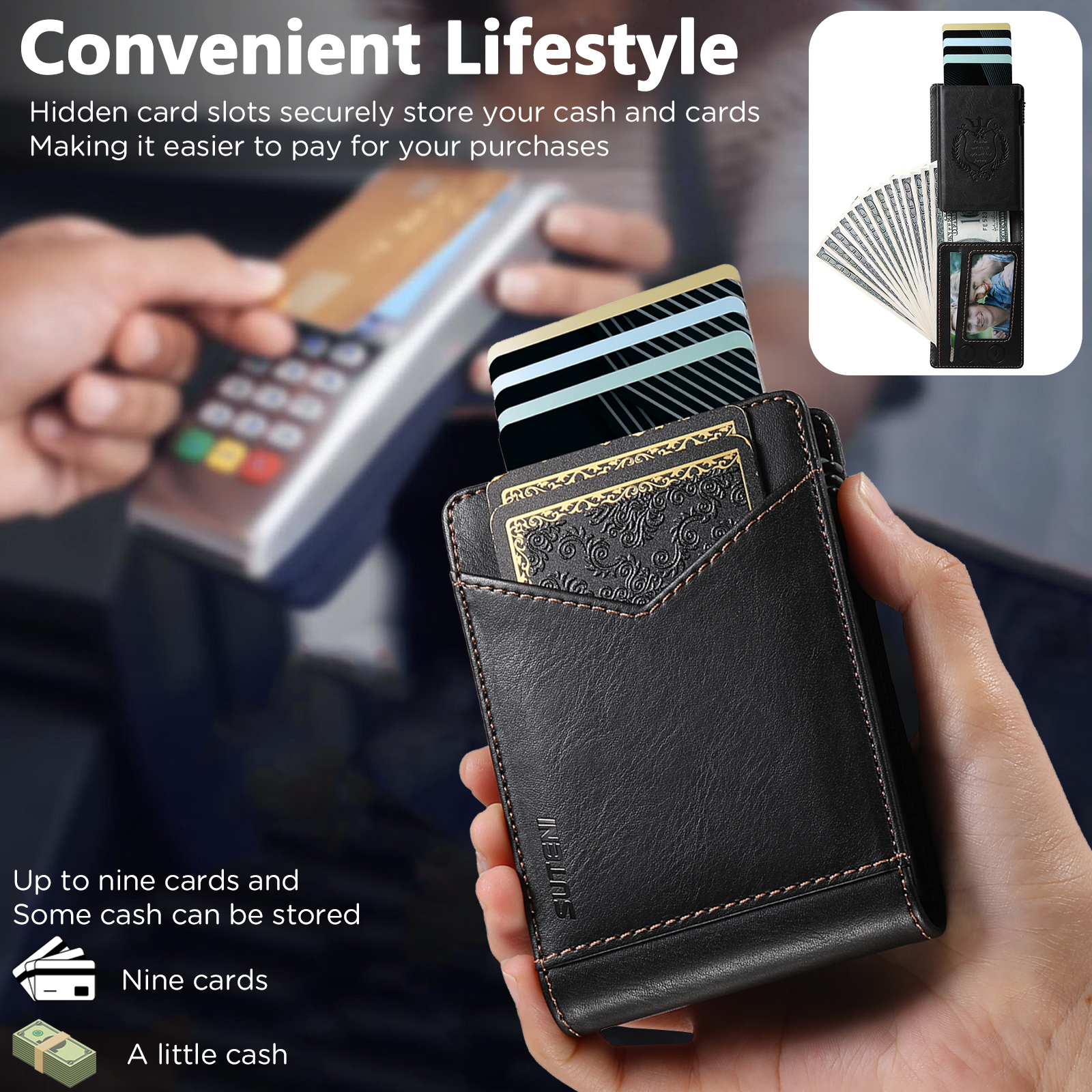 SUTENI KH8YL Card Slot Wallet Flip Cover Faux Leather Card Box Pressing The Button Automatically Ejects The Card