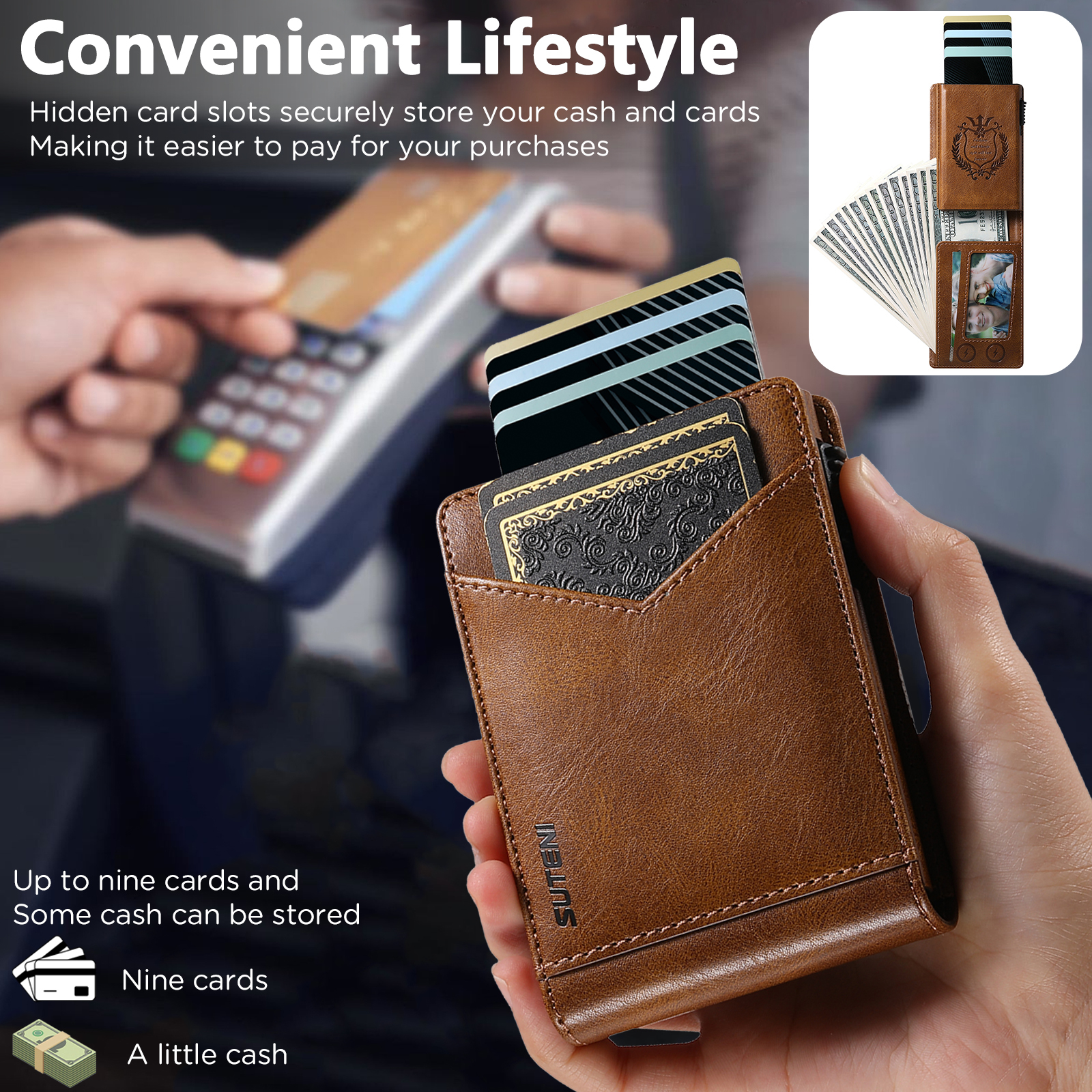 SUTENI KH8YL Card Slot Wallet Flip Cover Faux Leather Card Box Pressing The Button Automatically Ejects The Card