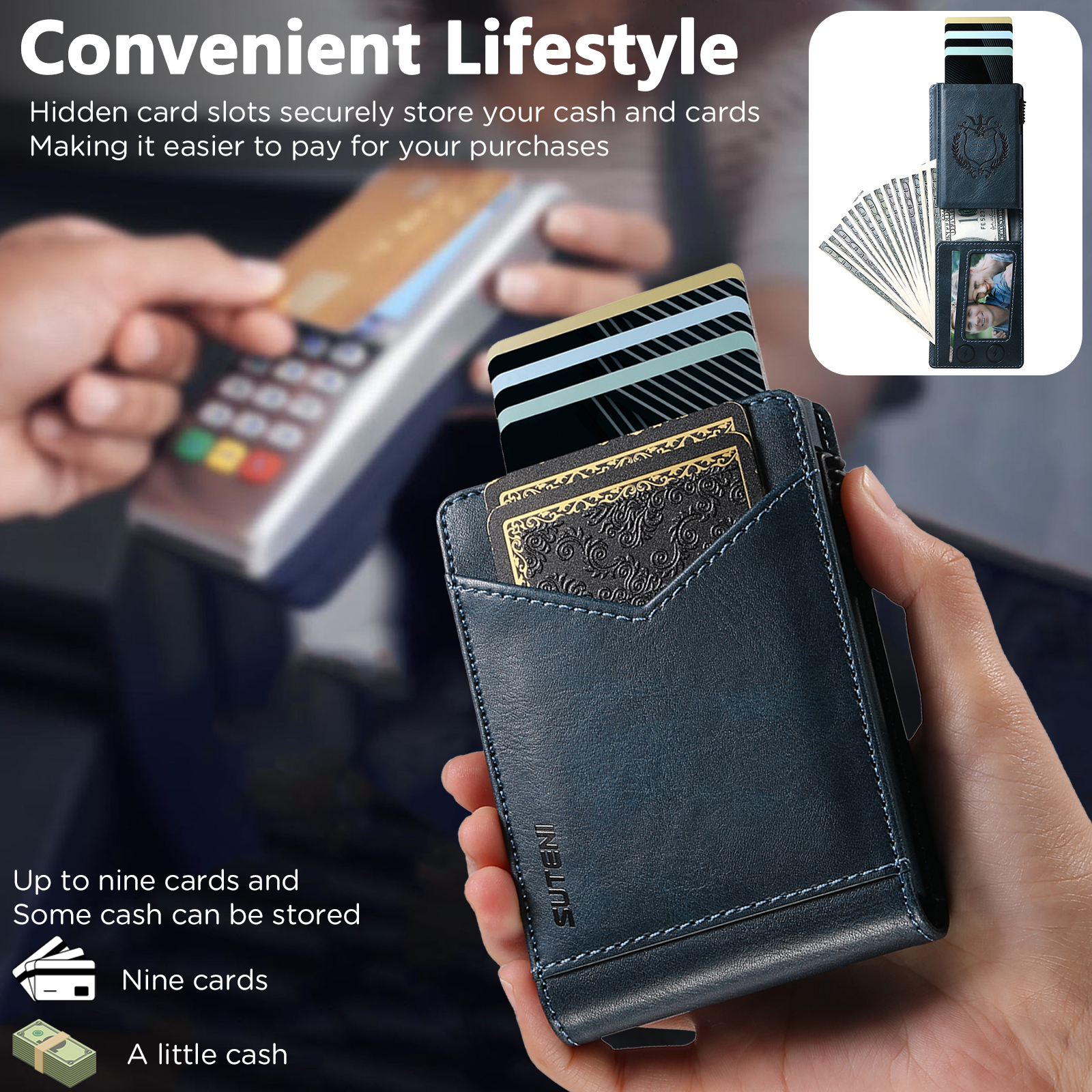 SUTENI KH8YL Card Slot Wallet Flip Cover Faux Leather Card Box Pressing The Button Automatically Ejects The Card