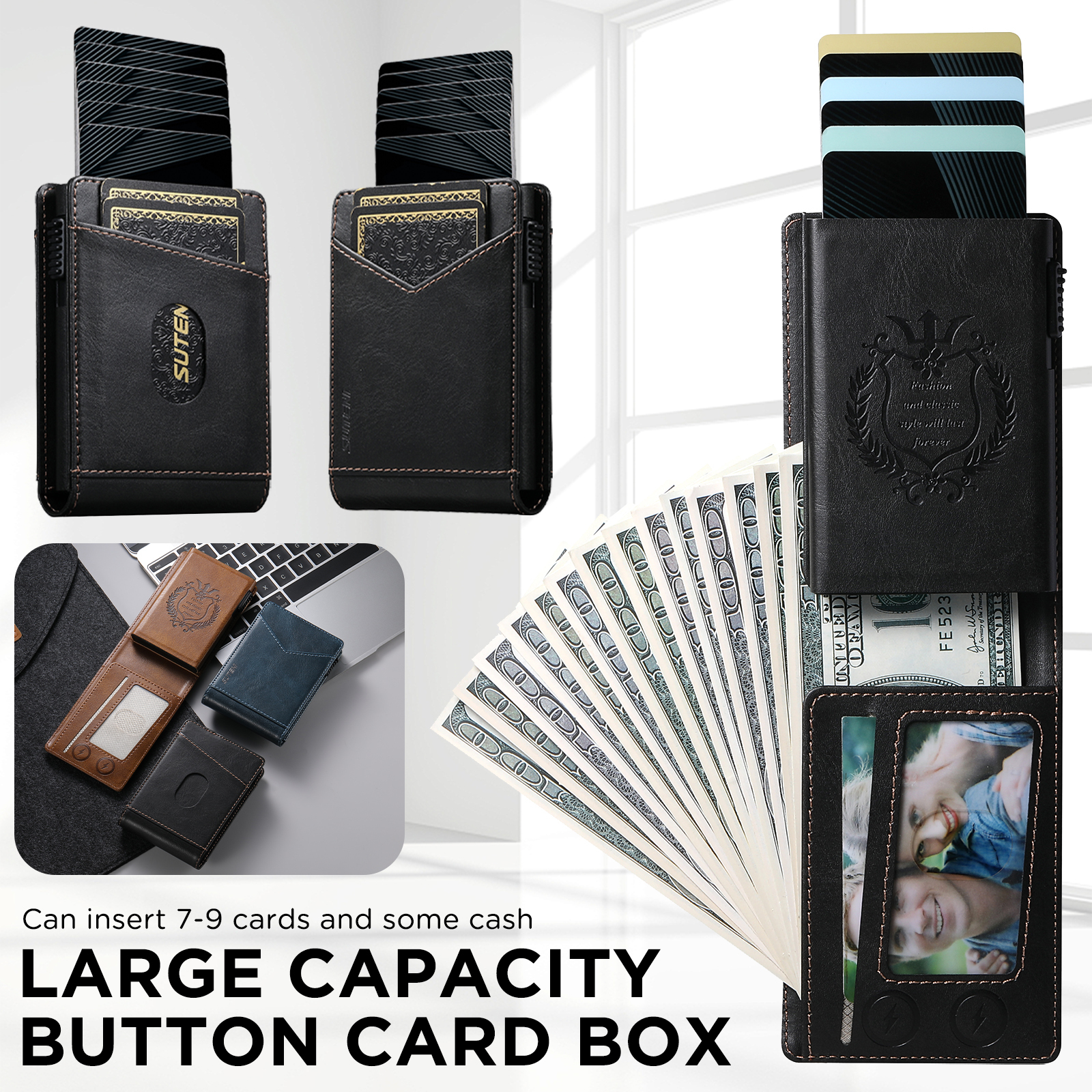 SUTENI KH8YL Card Slot Wallet Flip Cover Faux Leather Card Box Pressing The Button Automatically Ejects The Card